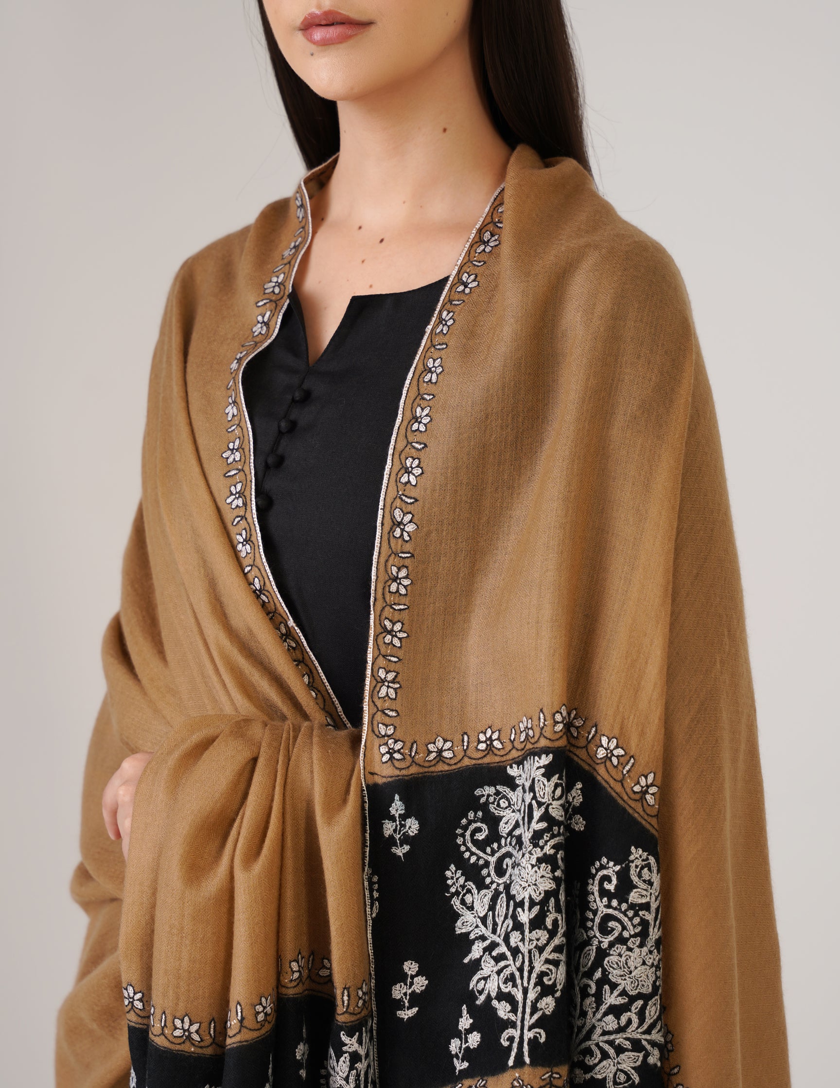 Kashmiri Handwoven Pashmina Sozni Shawl Modern Design – Black & Brown | Handwoven Heritage - Kashmir Box