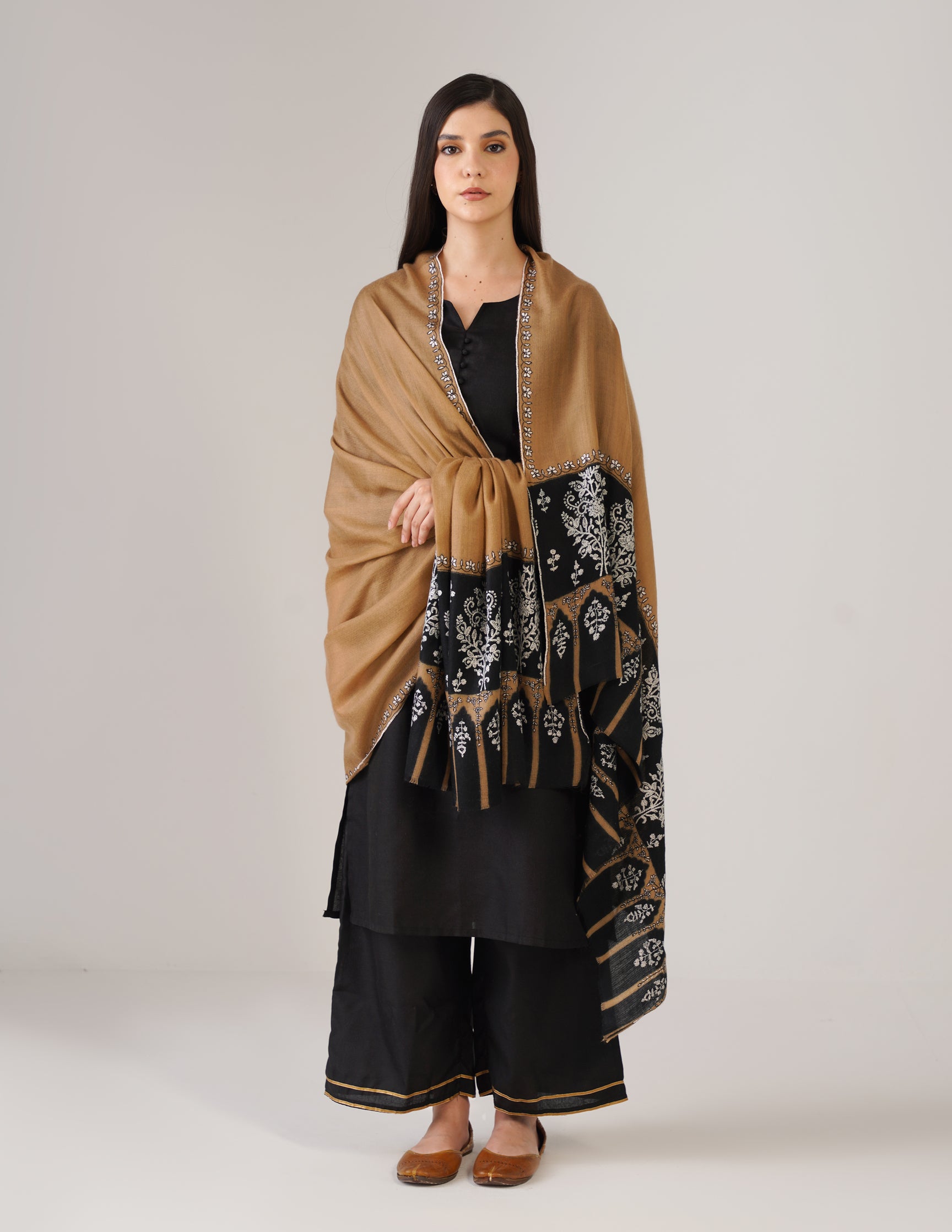 Kashmiri Handwoven Pashmina Sozni Shawl Modern Design – Black & Brown | Handwoven Heritage - Kashmir Box