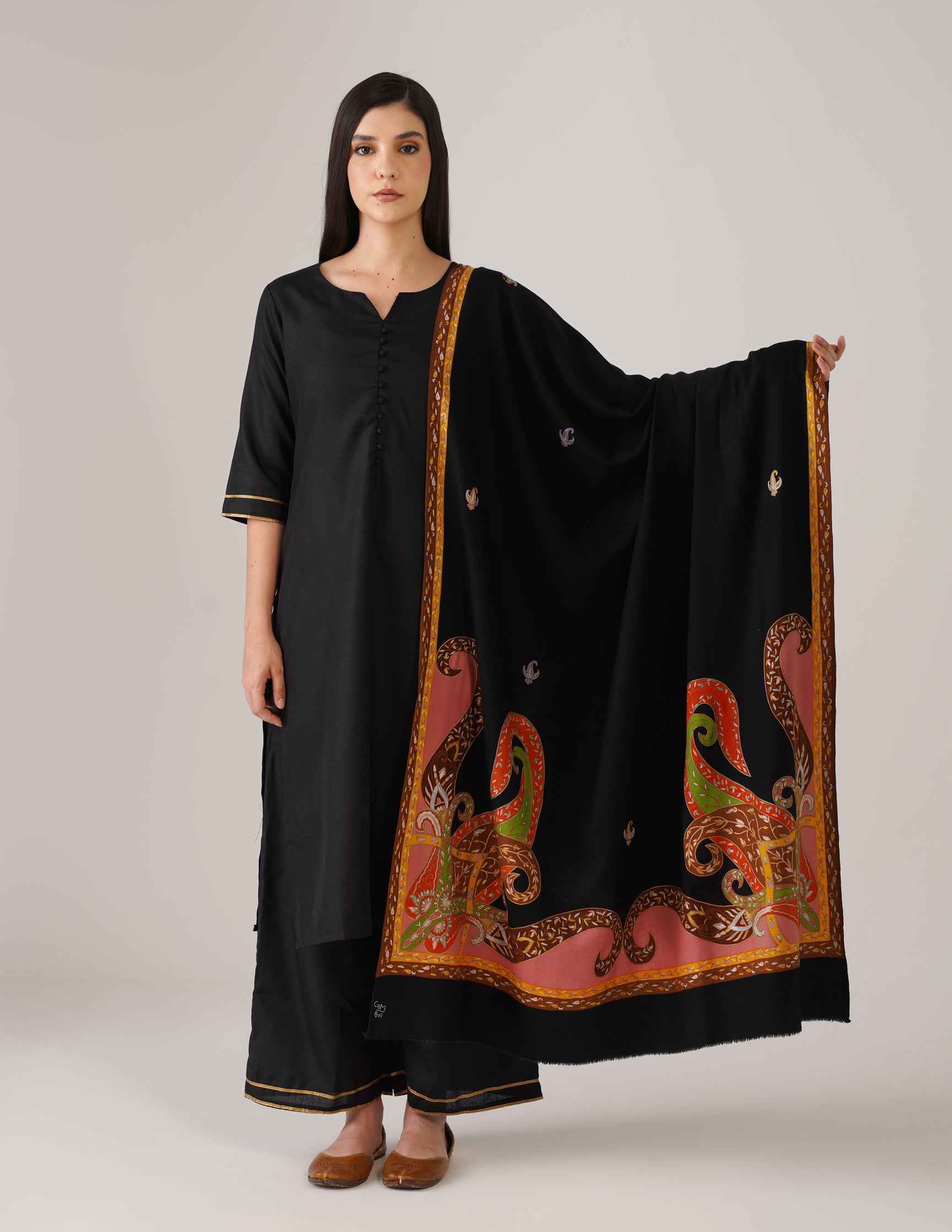 Kashmiri Handwoven Pashmina Sozni Shawl Modern Embroidery – Black | Handwoven Heritage - Kashmir Box