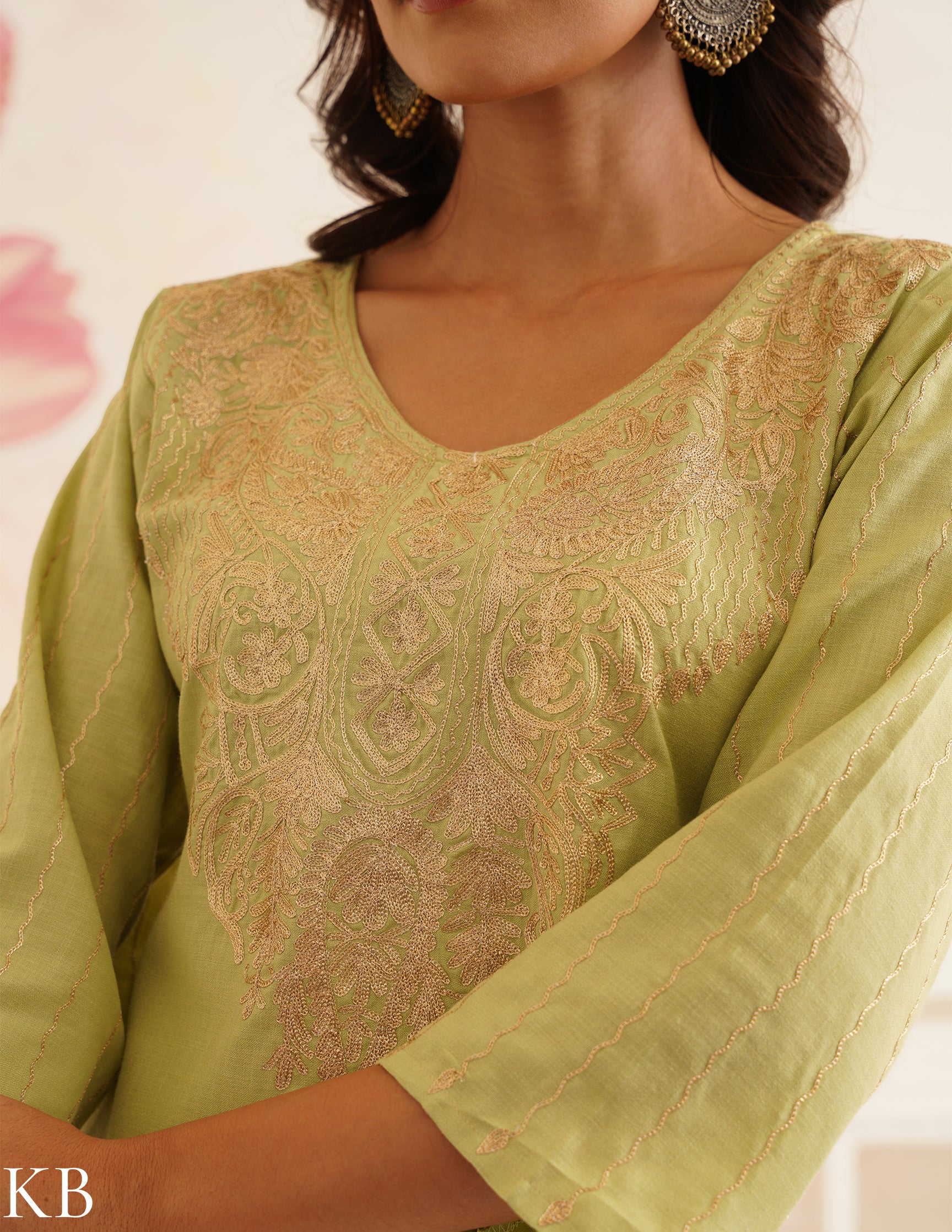 Light Green Kurti with Golden Zari Embroidery | Bahaar Collection 2025 - Kashmir Box
