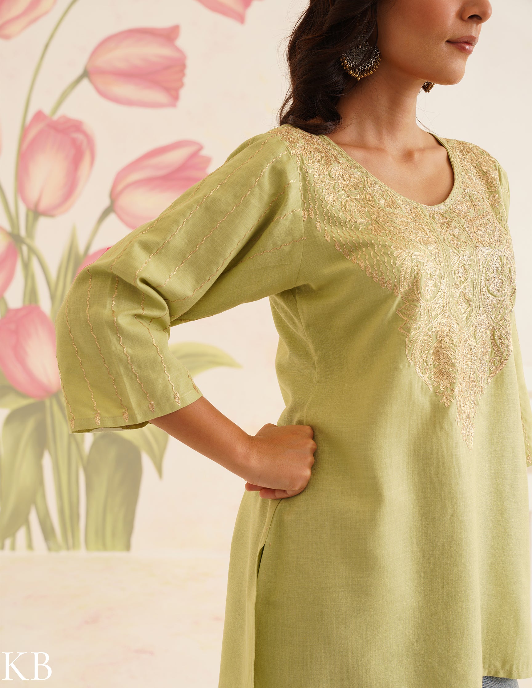 Light Green Kurti with Golden Zari Embroidery | Bahaar Collection 2025 - Kashmir Box
