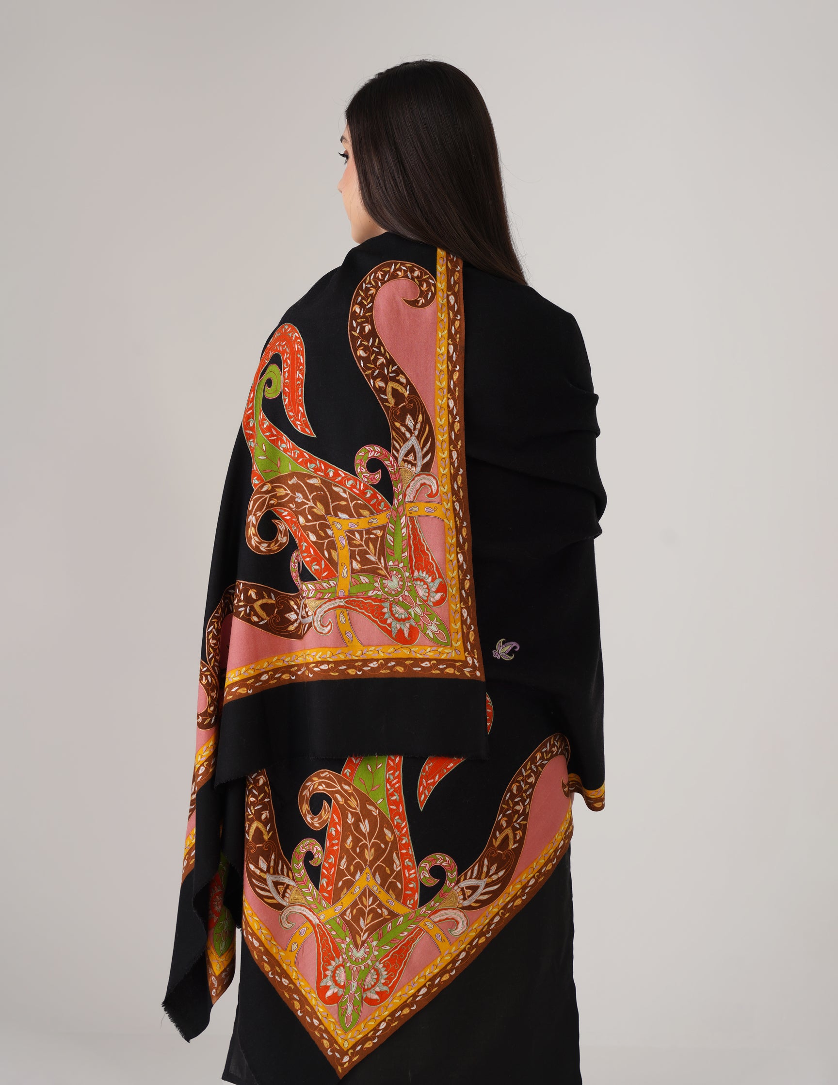Kashmiri Handwoven Pashmina Sozni Shawl Modern Embroidery – Black | Handwoven Heritage - Kashmir Box