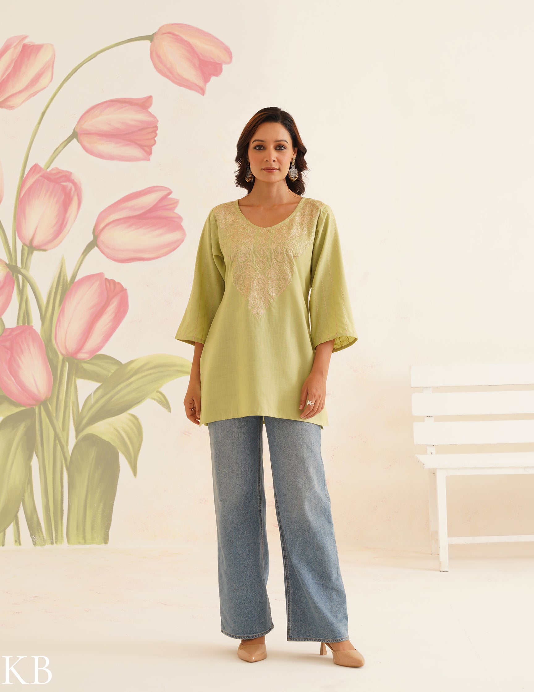 Light Green Kurti with Golden Zari Embroidery | Bahaar Collection 2025 - Kashmir Box