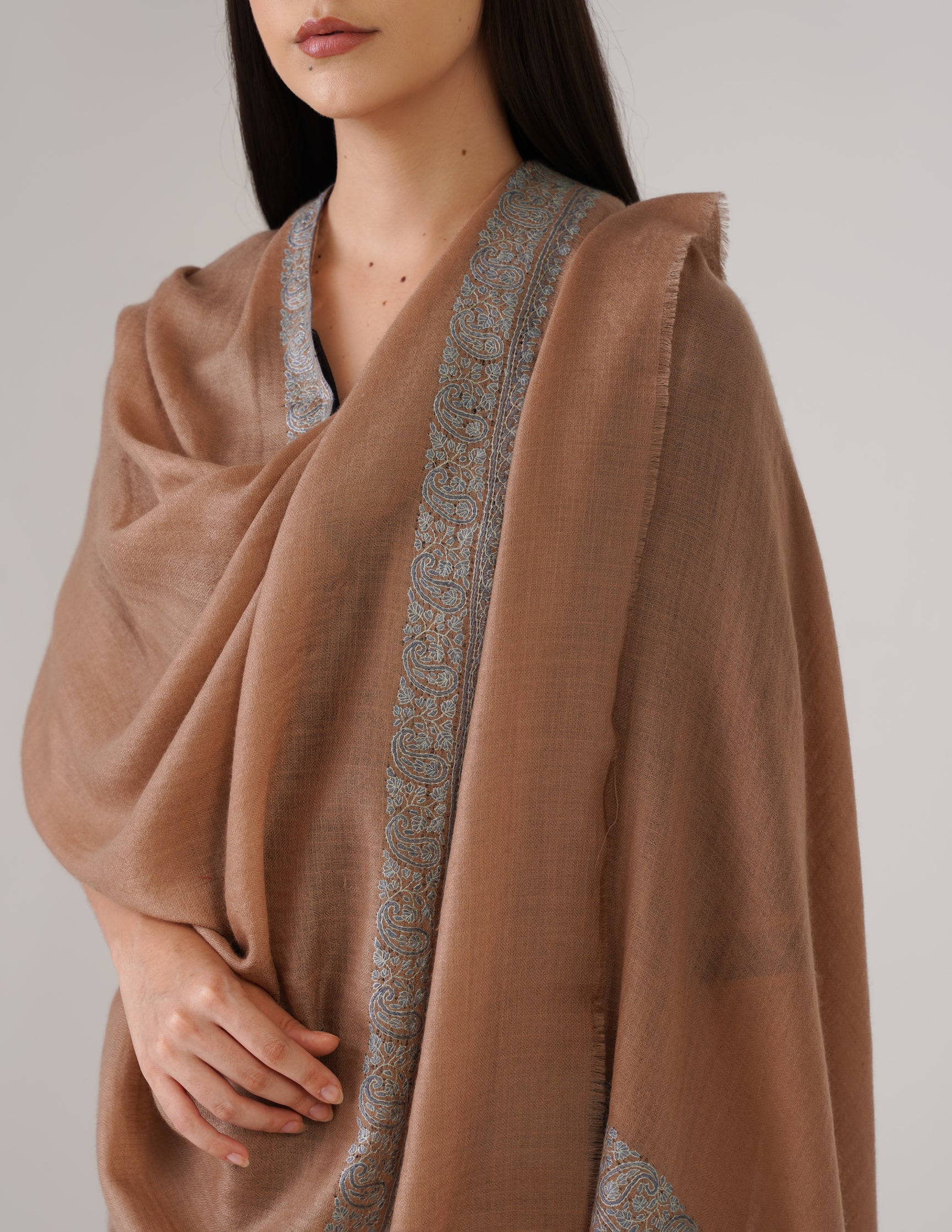 Kashmiri Handwoven Pashmina Sozni Shawl Doredaar – Fawn | Sky Blue & Violet Sozni Heritage - Kashmir Box