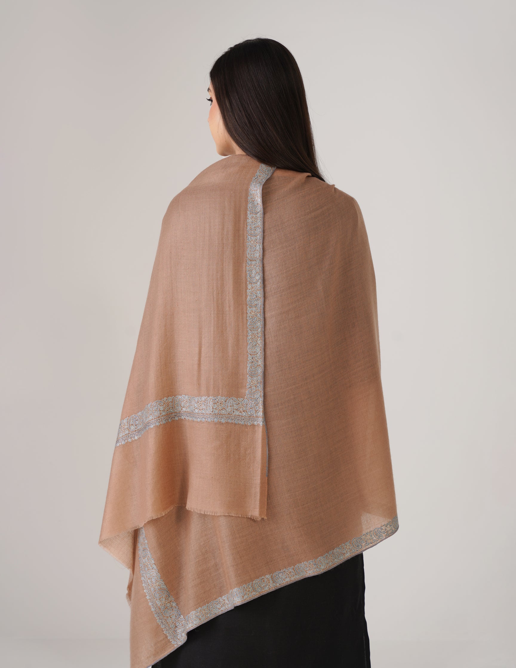 Kashmiri Handwoven Pashmina Sozni Shawl Doredaar – Fawn | Sky Blue & Violet Sozni Heritage - Kashmir Box