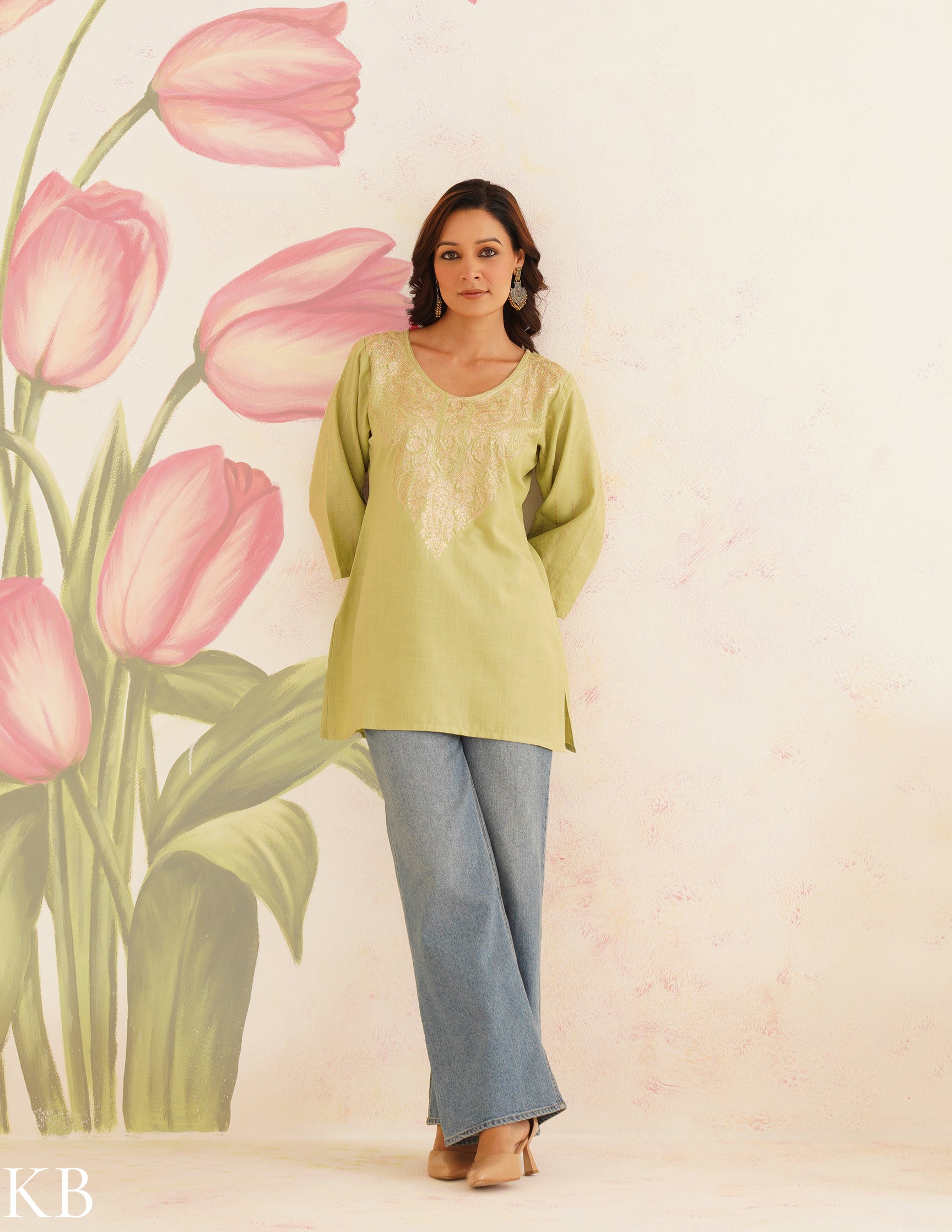 Light Green Kurti with Golden Zari Embroidery | Bahaar Collection 2025 - Kashmir Box