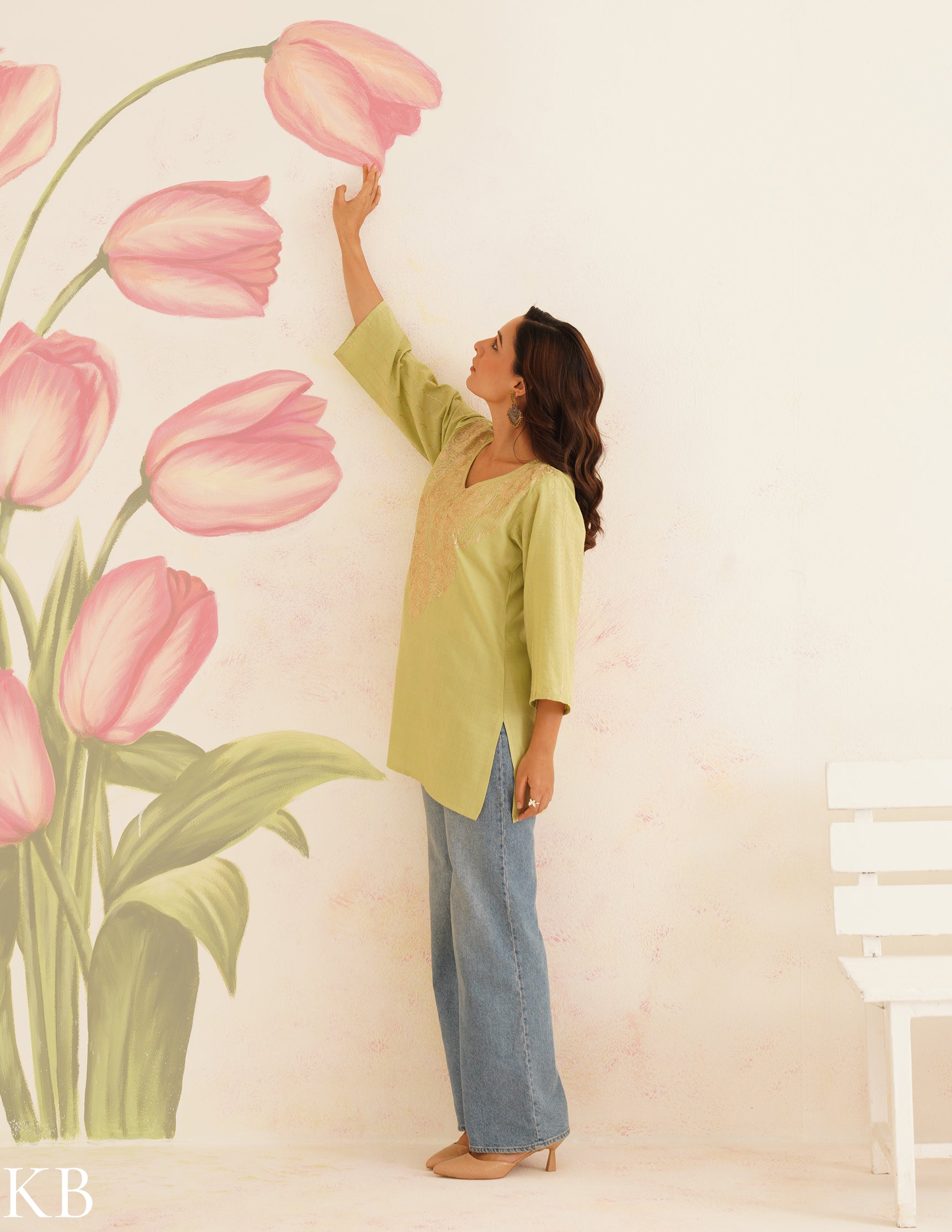 Light Green Kurti with Golden Zari Embroidery | Bahaar Collection 2025 - Kashmir Box