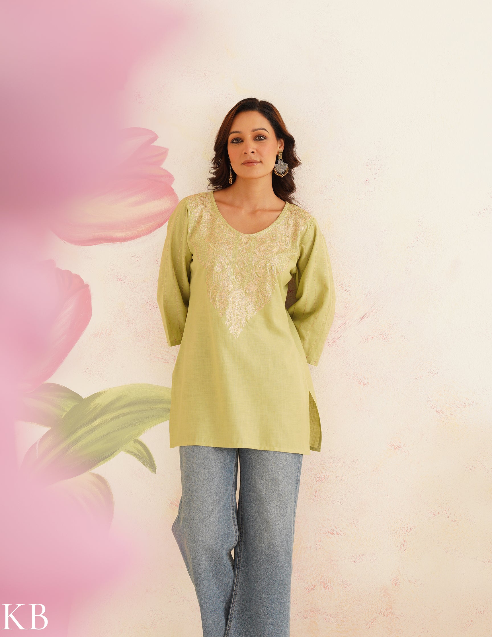 Light Green Kurti with Golden Zari Embroidery | Bahaar Collection 2025 - Kashmir Box