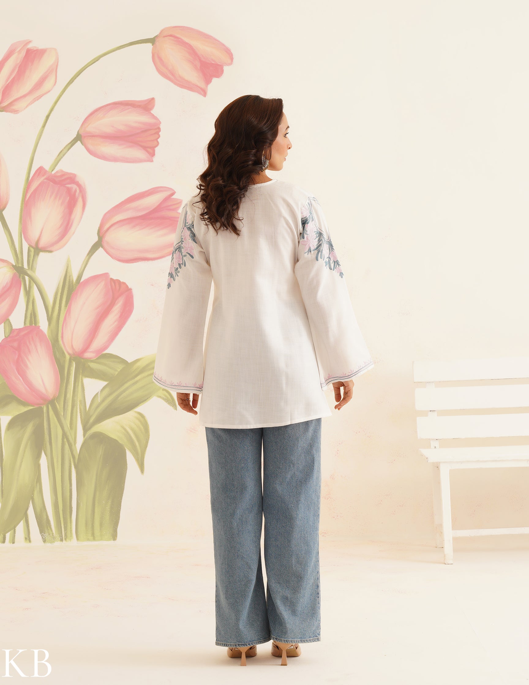 White Cotton Kurti with Pink & Blue Floral Embroidery | Bahaar Collection 2025 - Kashmir Box