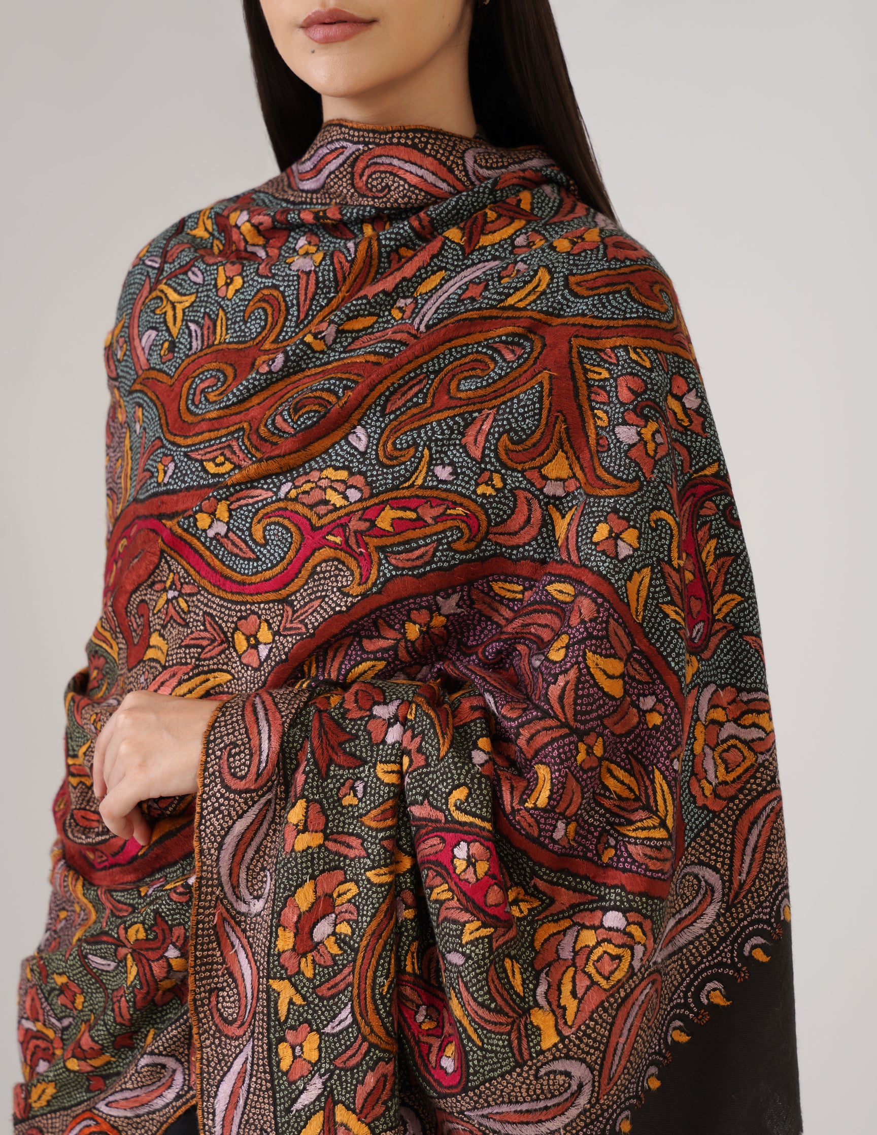 Kashmiri Handwoven Pashmina Sozni Shawl Jaalidar – Black & Grey | Handwoven Heritage - Kashmir Box