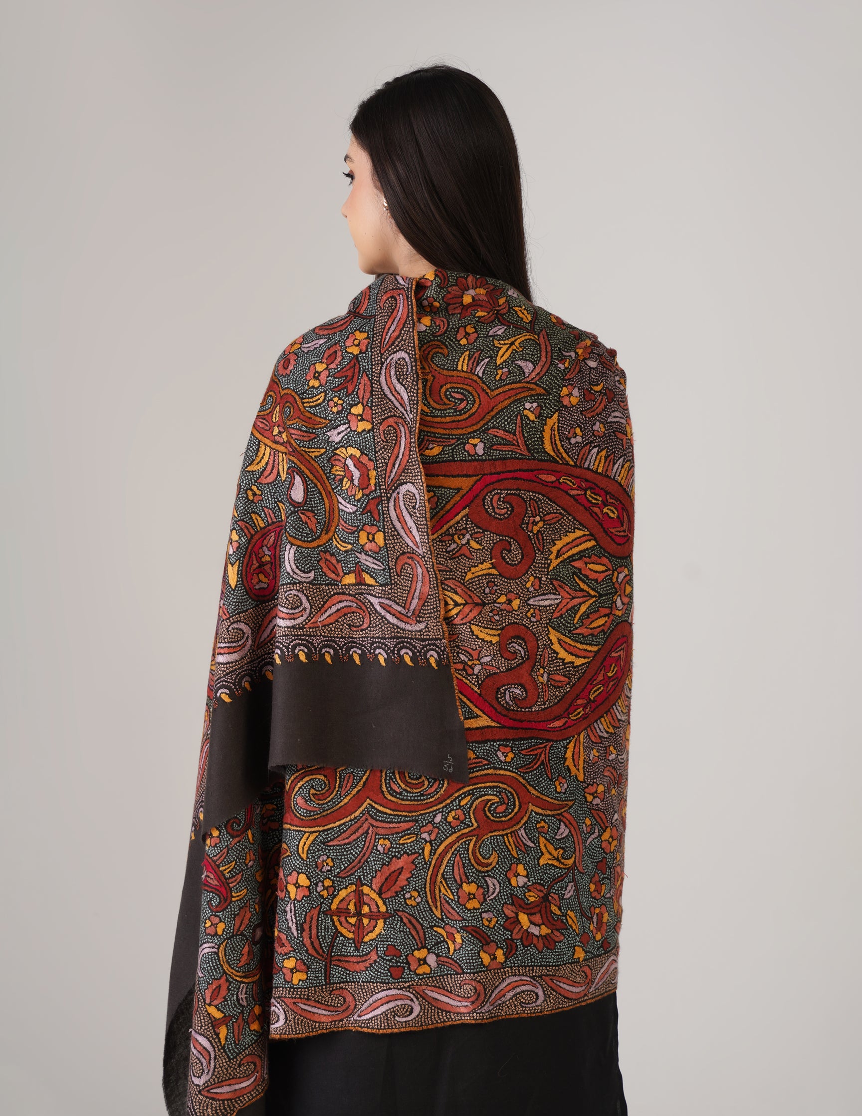 Kashmiri Handwoven Pashmina Sozni Shawl Jaalidar – Black & Grey | Handwoven Heritage - Kashmir Box
