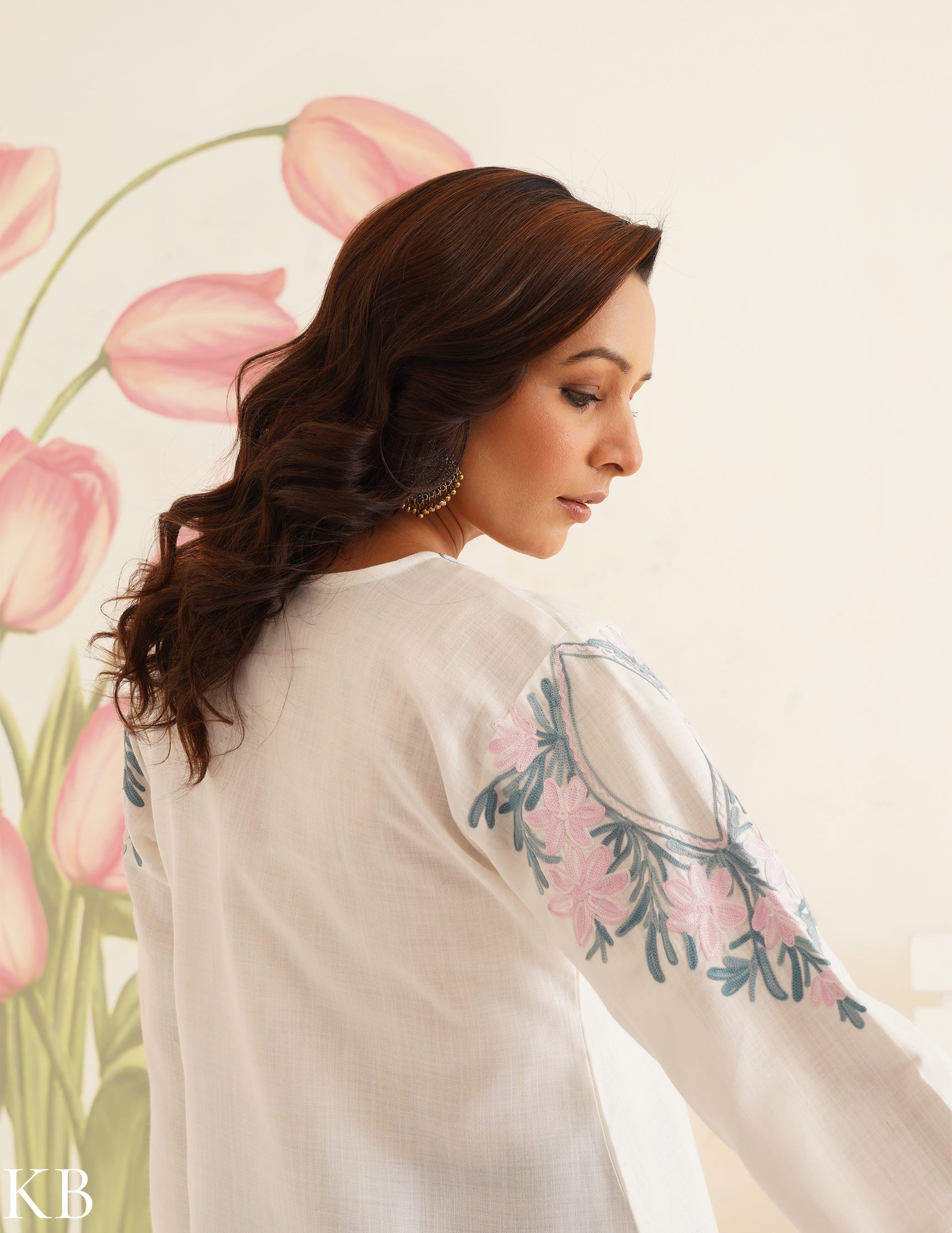 White Cotton Kurti with Pink & Blue Floral Embroidery | Bahaar Collection 2025 - Kashmir Box