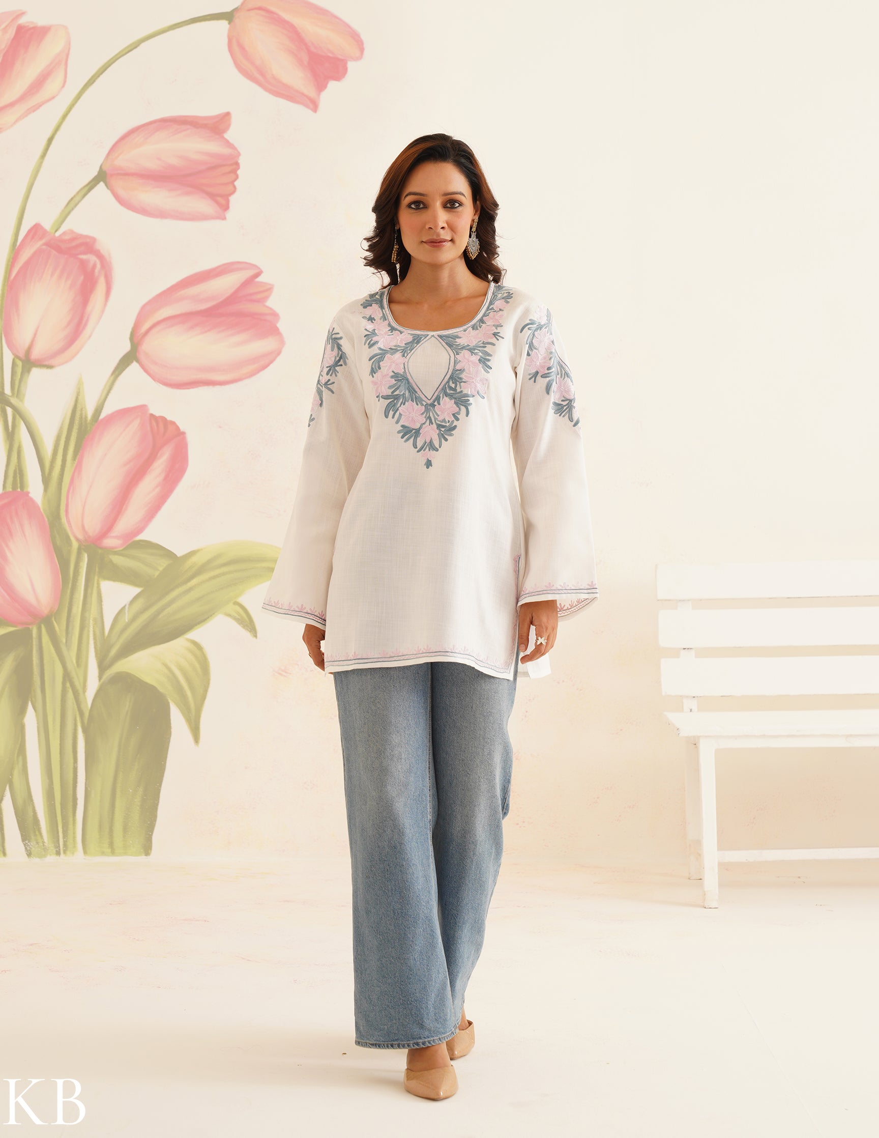 White Cotton Kurti with Pink & Blue Floral Embroidery | Bahaar Collection 2025 - Kashmir Box