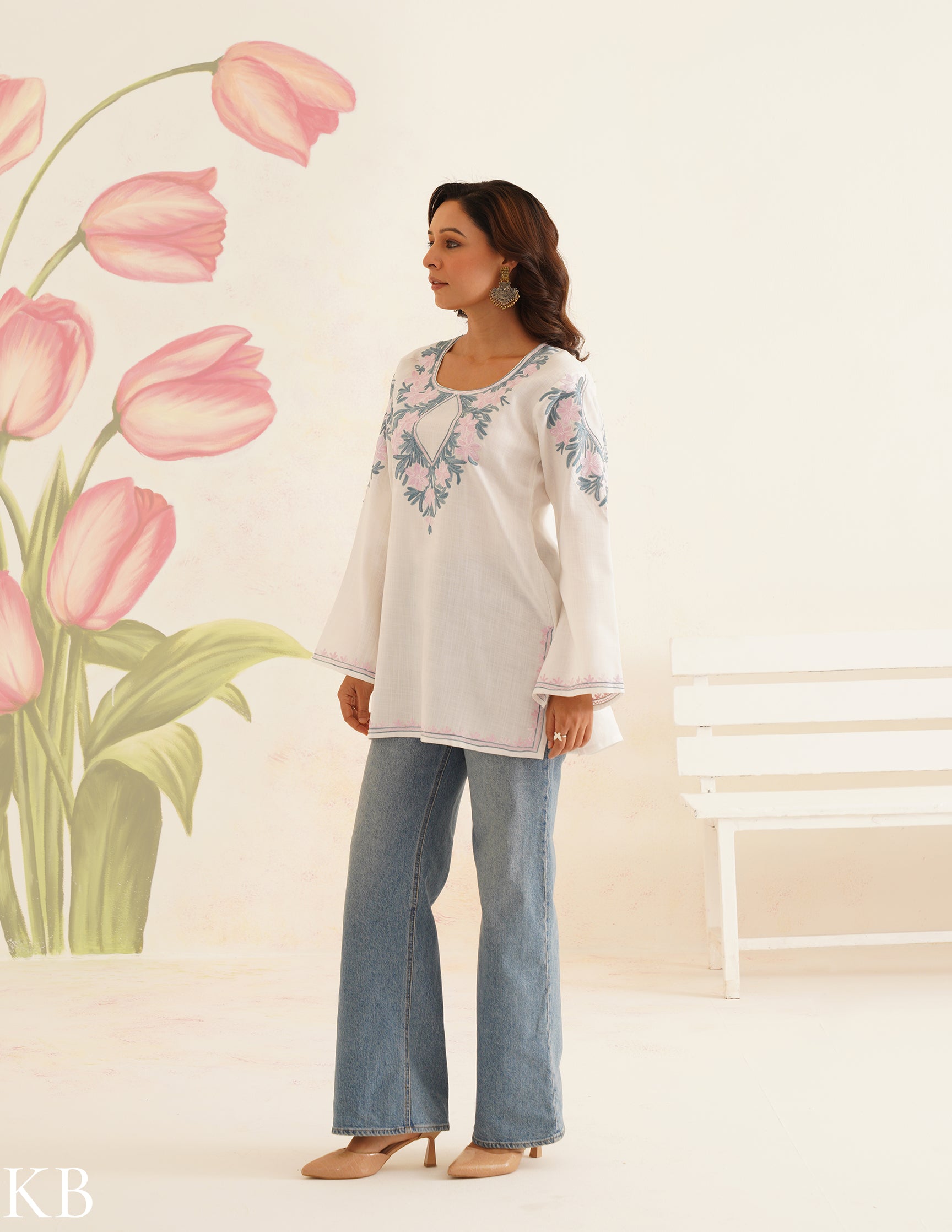 White Cotton Kurti with Pink & Blue Floral Embroidery | Bahaar Collection 2025 - Kashmir Box
