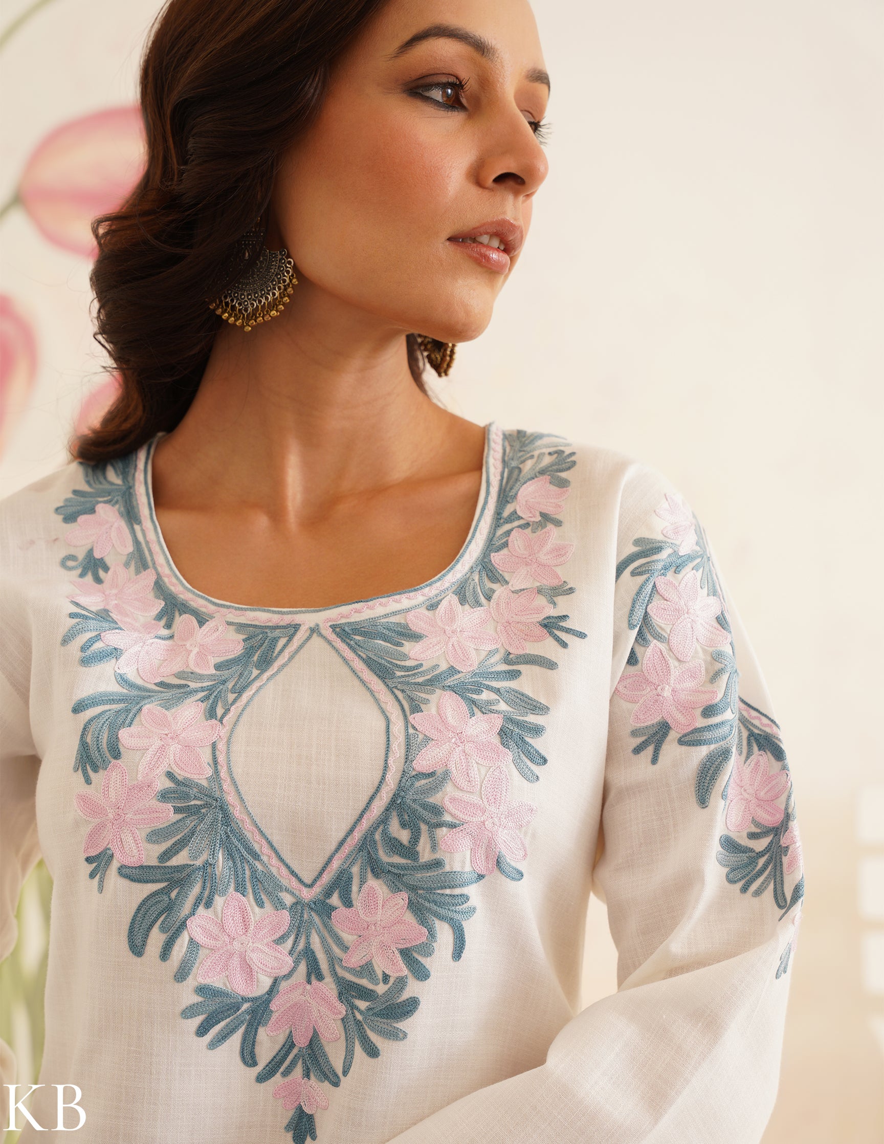 White Cotton Kurti with Pink and Blue Embroidery and Pink Pants | Bahaar Collection 2025 - Kashmir Box