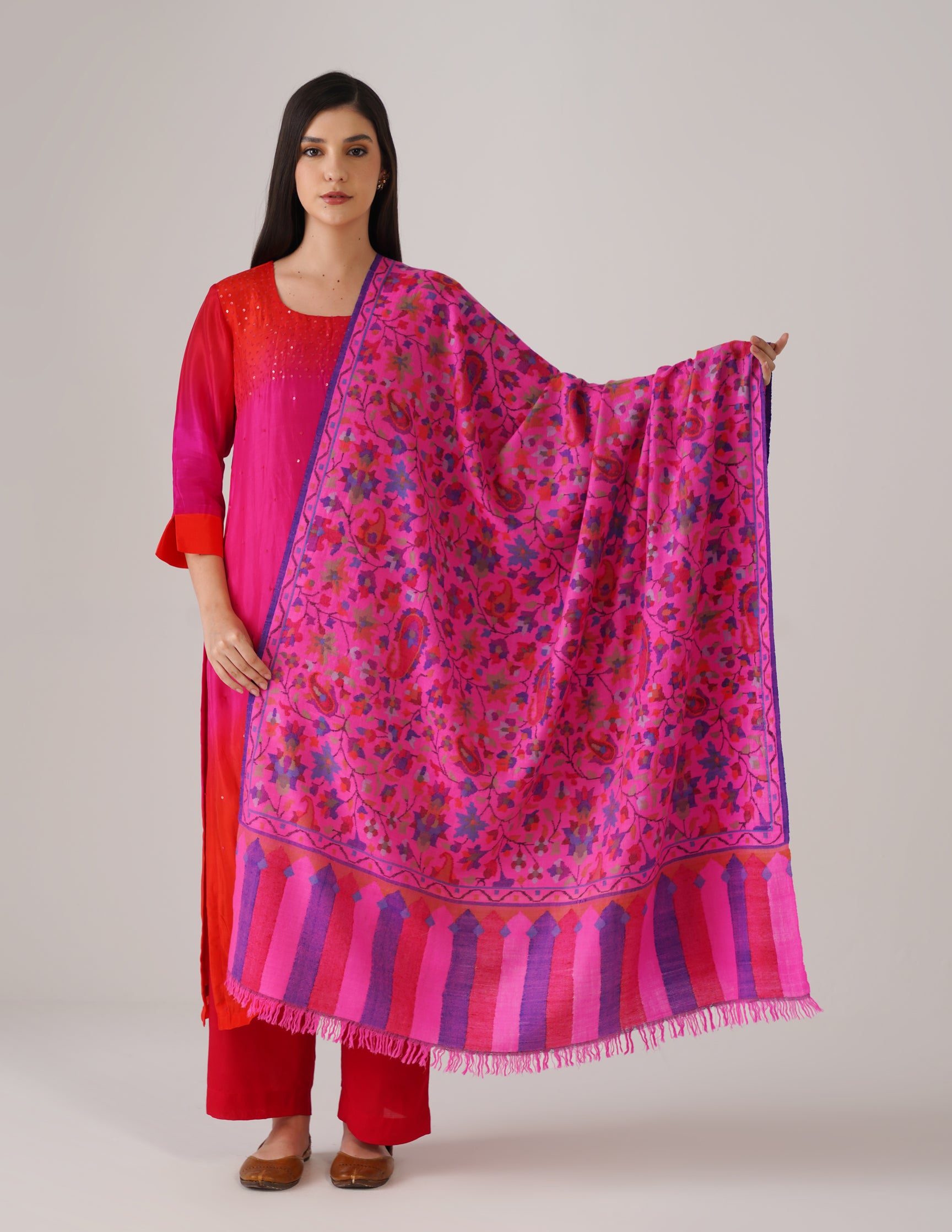 Kashmiri Handwoven Kani Embroidered Pashmina Shawl – Pink | Kalamkari Heritage - Kashmir Box