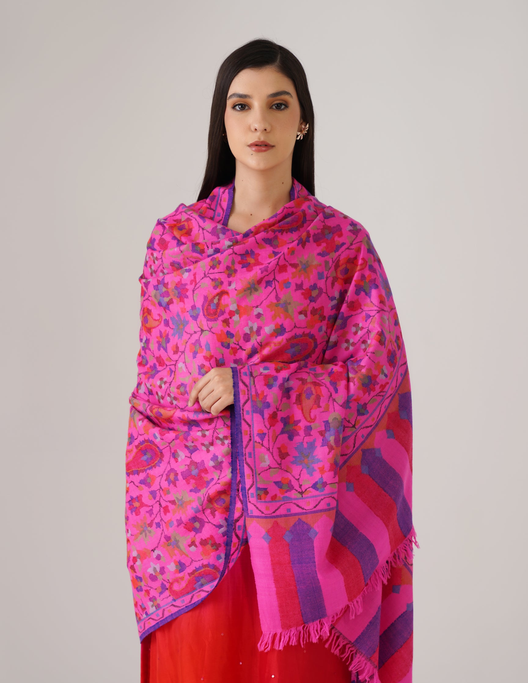 Kashmiri Handwoven Kani Embroidered Pashmina Shawl – Pink | Kalamkari Heritage - Kashmir Box