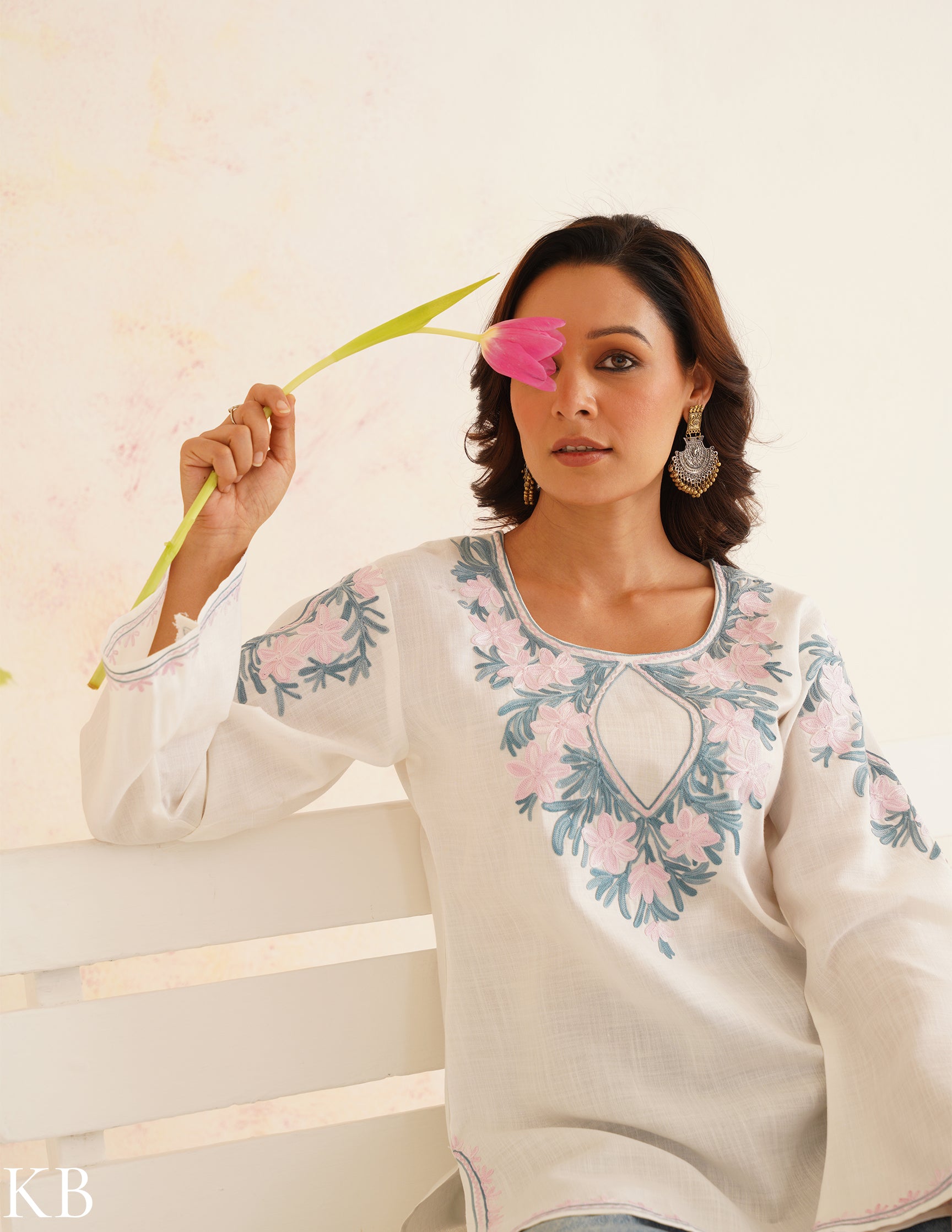 White Cotton Kurti with Pink & Blue Floral Embroidery | Bahaar Collection 2025 - Kashmir Box