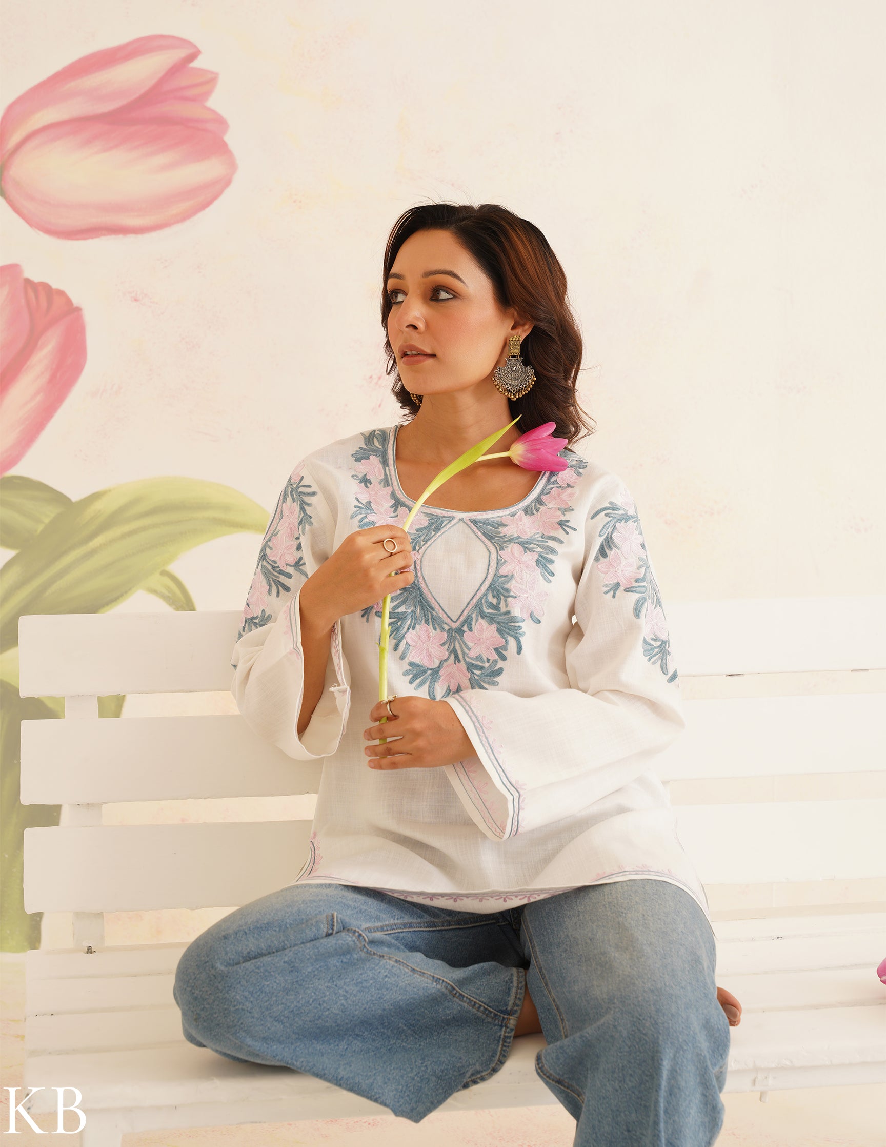 White Cotton Kurti with Pink & Blue Floral Embroidery | Bahaar Collection 2025 - Kashmir Box