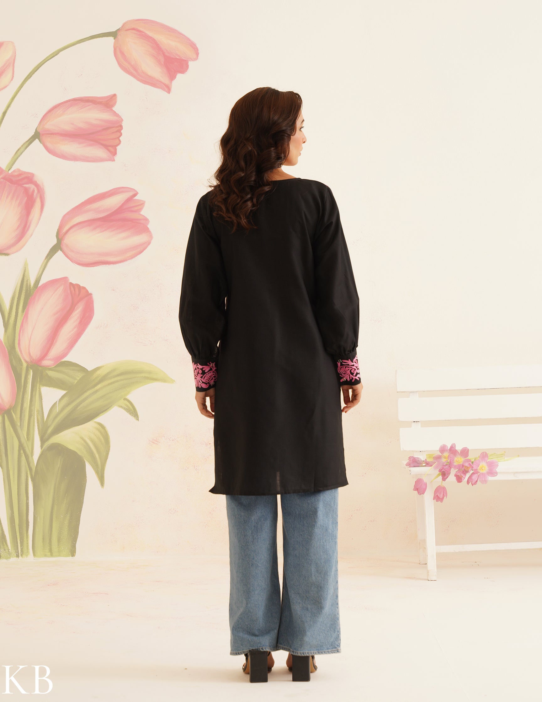 Black Cotton Kurti with Pink Aari Embroidery | Bahaar Collection 2025 - Kashmir Box