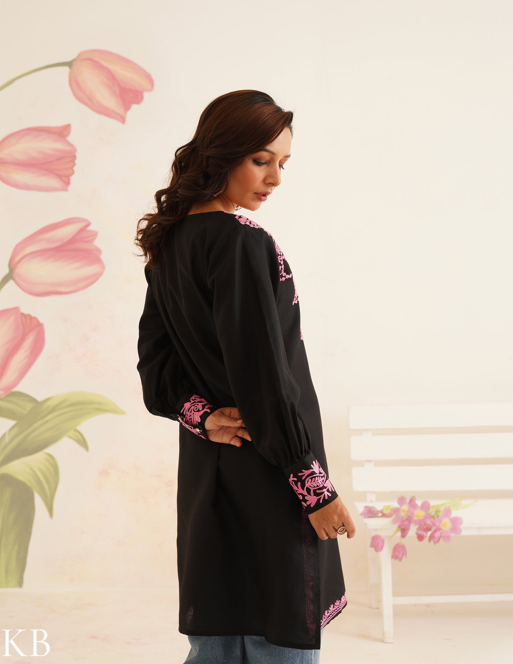 Black Cotton Kurti with Pink Aari Embroidery | Bahaar Collection 2025 - Kashmir Box