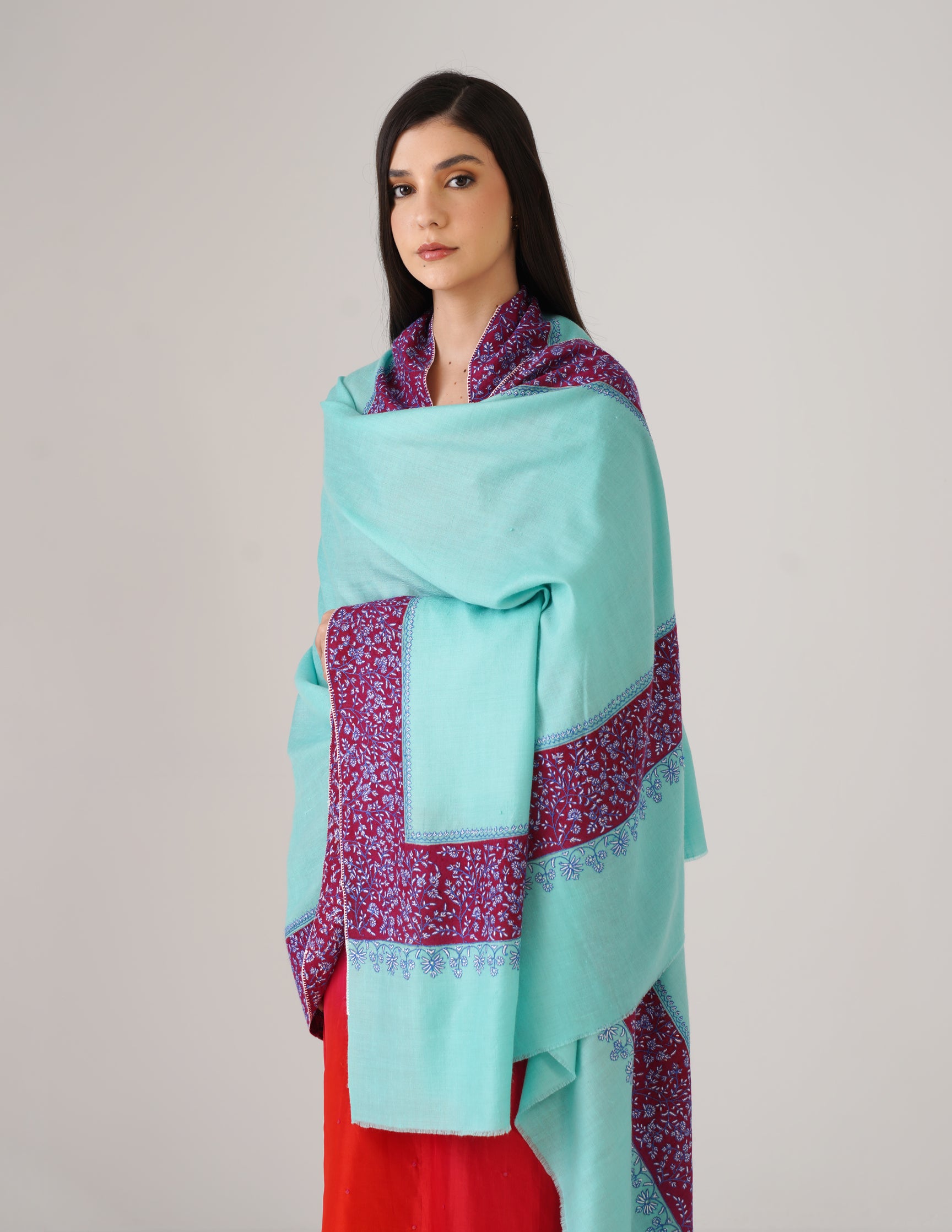 Kashmiri Handwoven Pashmina Sozni Shawl Modern Design – Turquoise | Blue & White Sozni Heritage - Kashmir Box