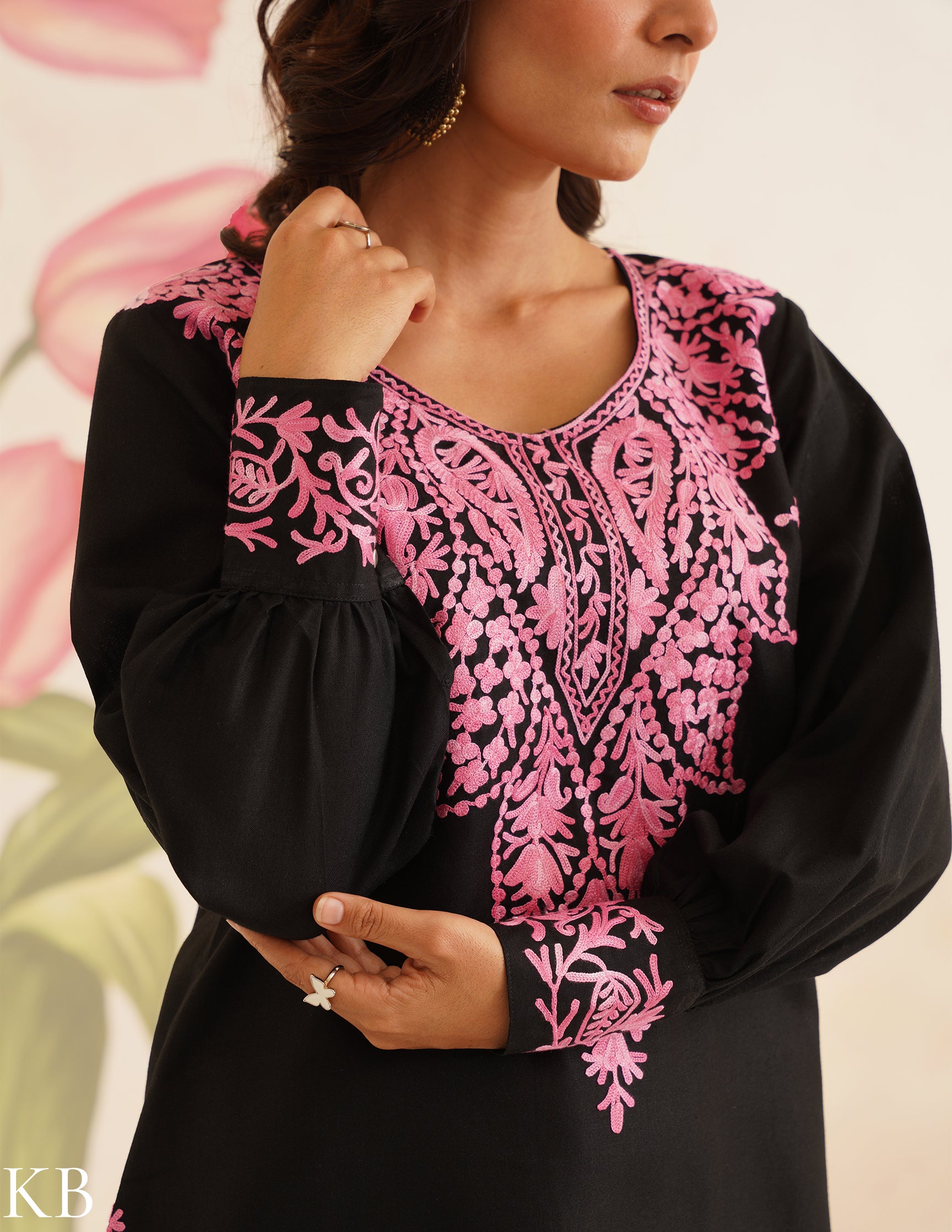 Black Cotton Kurti with Pink Aari Embroidery | Bahaar Collection 2025 - Kashmir Box