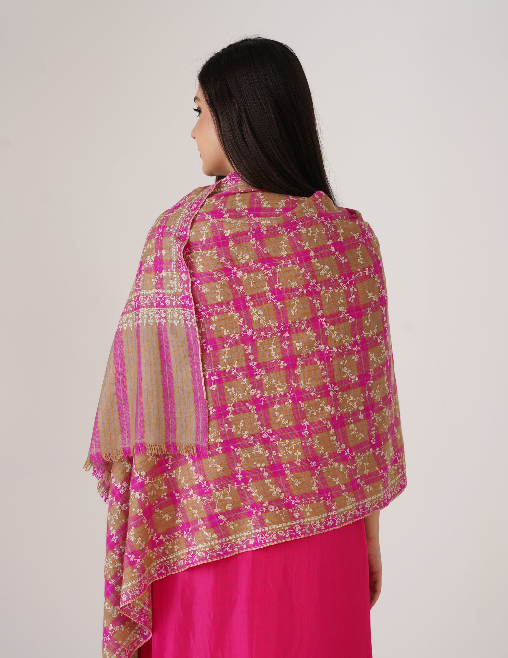 Kashmiri Handwoven Pashmina Sozni Stole Modern Jaal – Grey & Purple Check | Handwoven Heritage - Kashmir Box