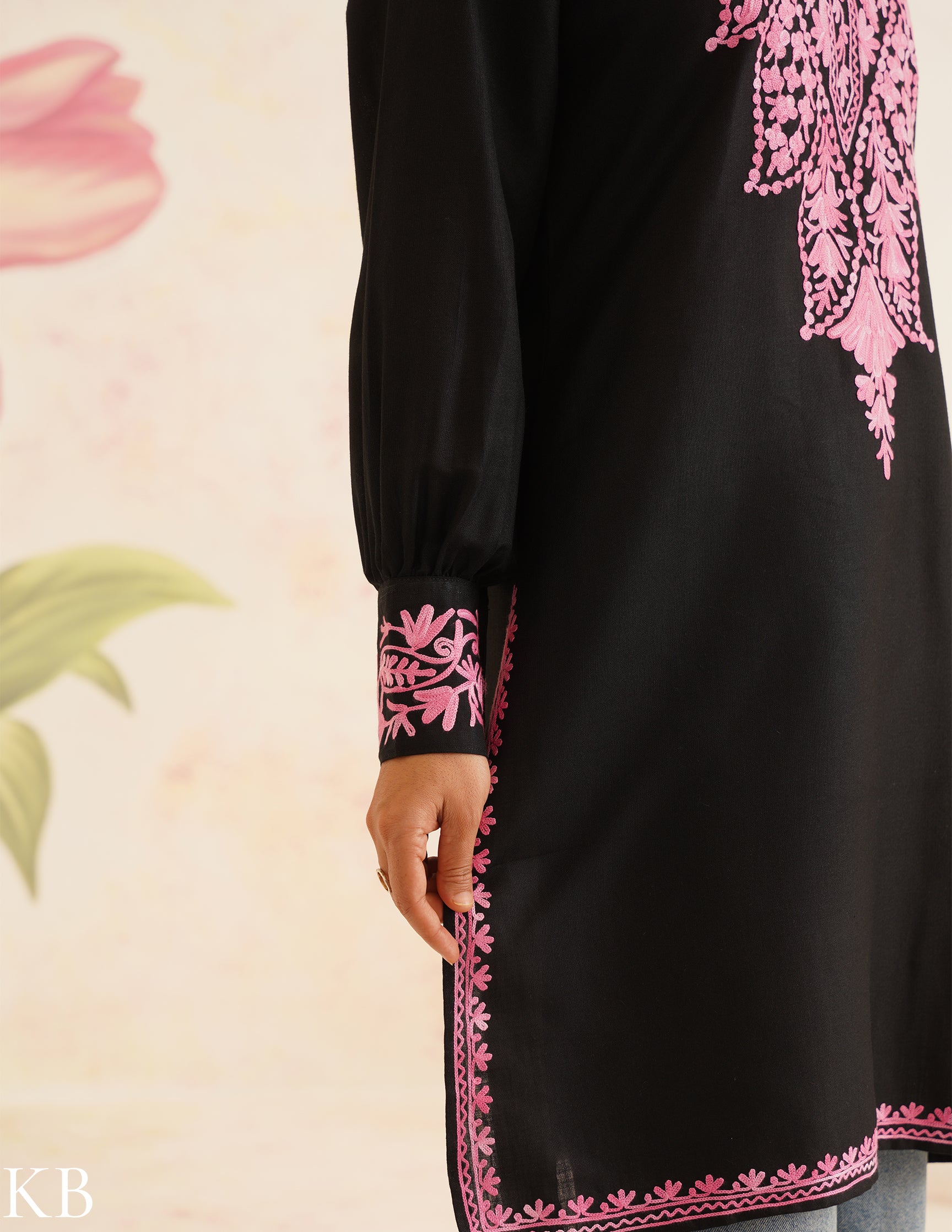 Black Cotton Kurti with Pink Aari Embroidery | Bahaar Collection 2025 - Kashmir Box