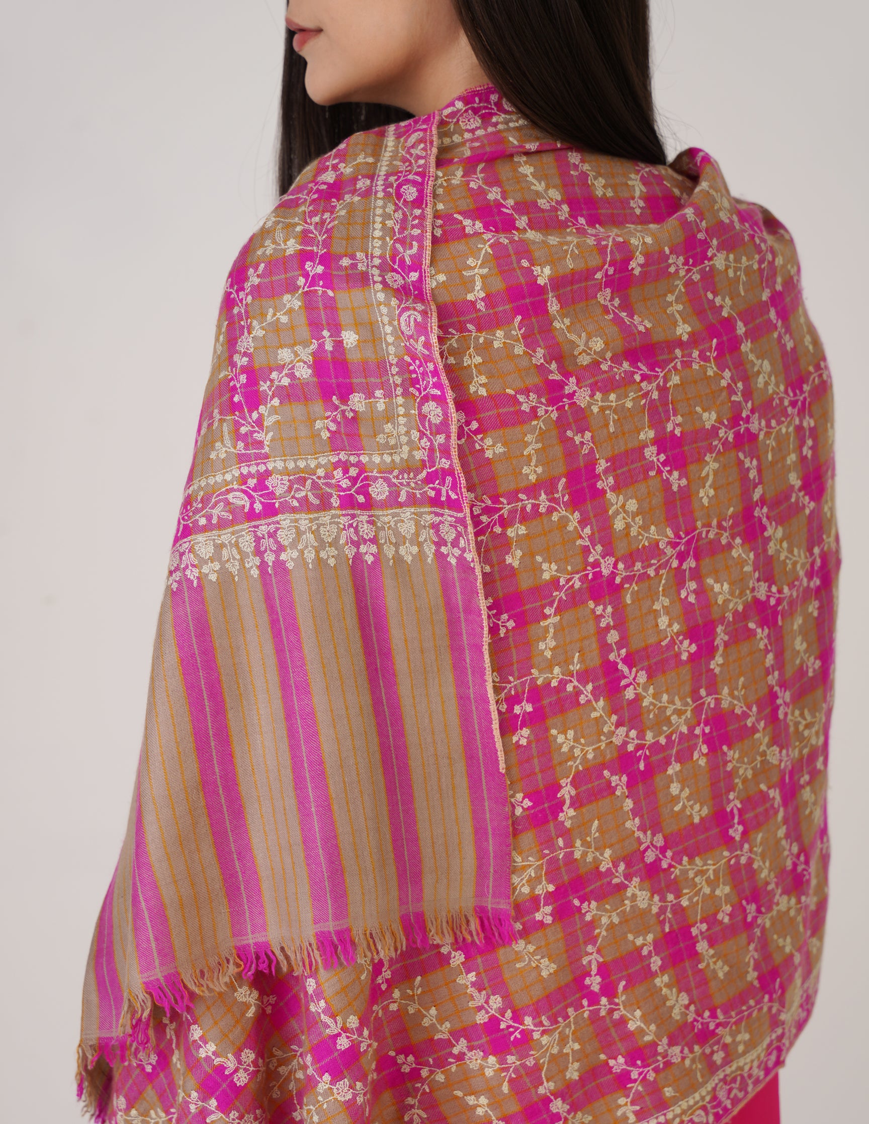 Kashmiri Handwoven Pashmina Sozni Stole Modern Jaal – Grey & Purple Check | Handwoven Heritage - Kashmir Box