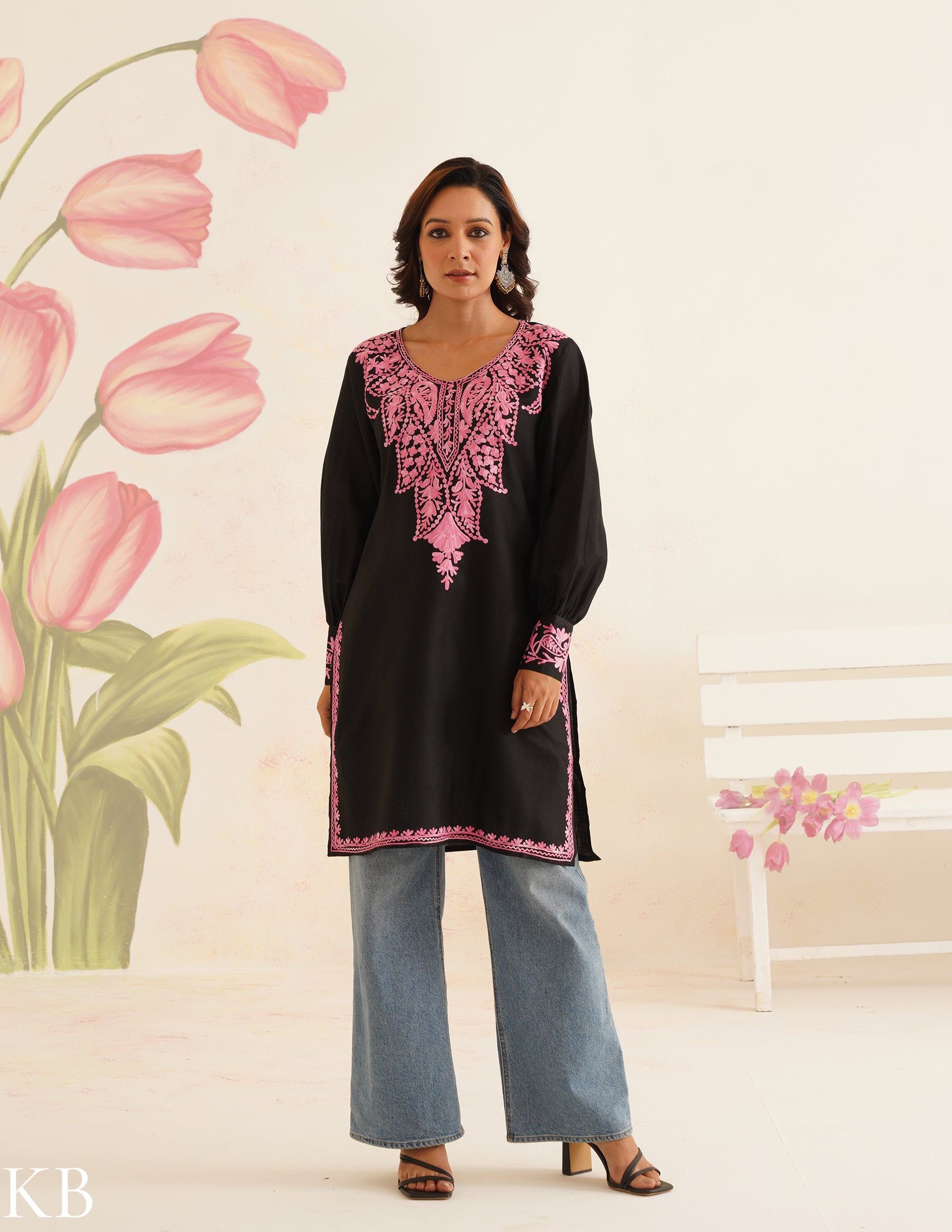 Black Cotton Kurti with Pink Aari Embroidery | Bahaar Collection 2025 - Kashmir Box