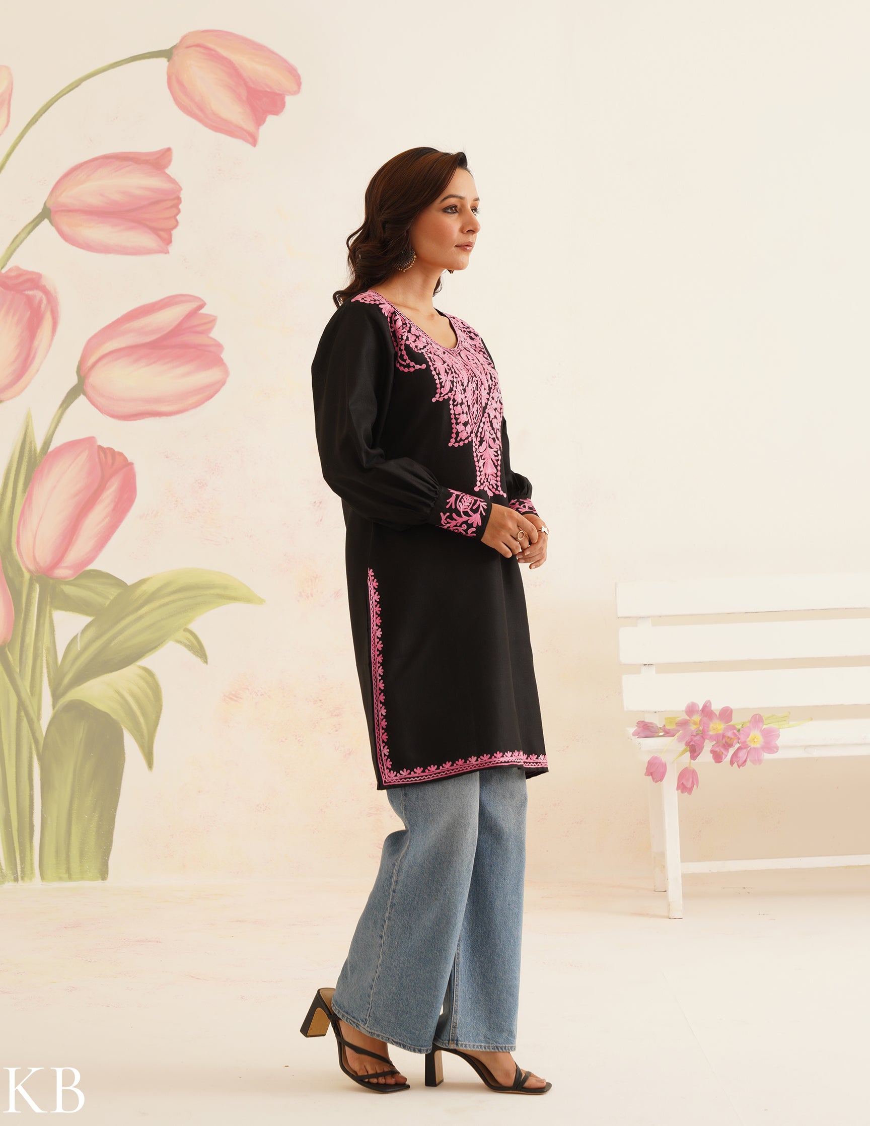 Black Cotton Kurti with Pink Aari Embroidery | Bahaar Collection 2025 - Kashmir Box