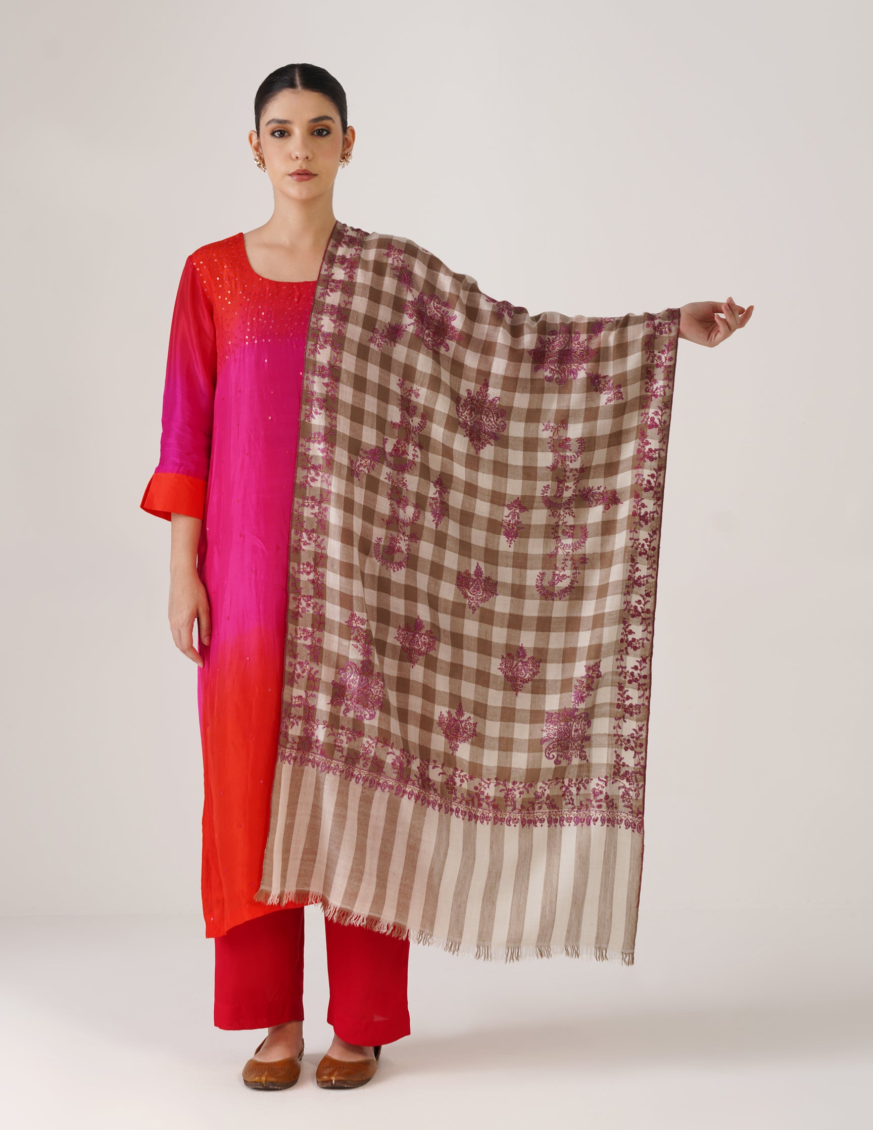 Kashmiri Handwoven Pashmina Sozni Stole Modern Check – Natural & White | Handwoven Heritage - Kashmir Box