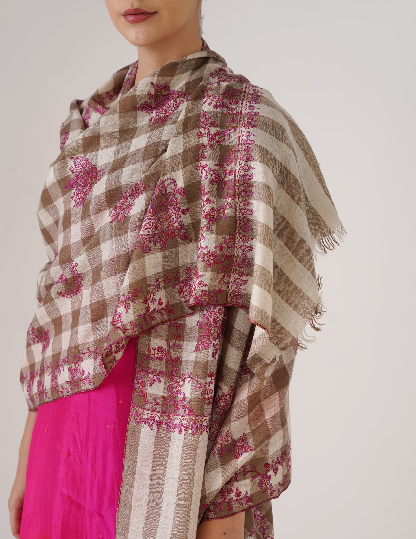Kashmiri Handwoven Pashmina Sozni Stole Modern Check – Natural & White | Handwoven Heritage - Kashmir Box