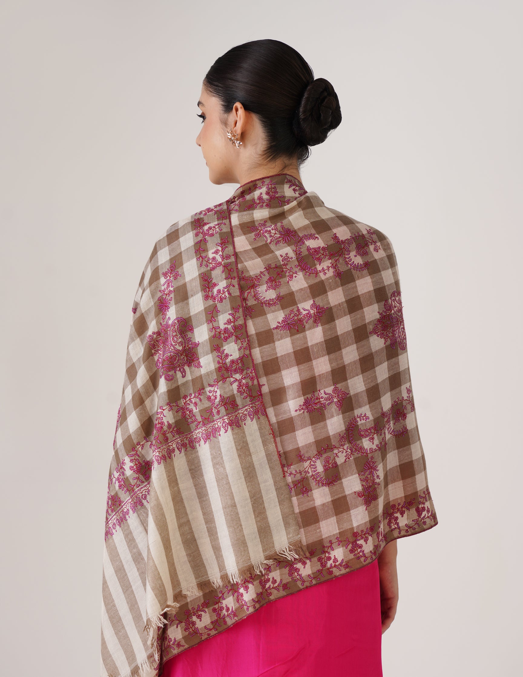 Kashmiri Handwoven Pashmina Sozni Stole Modern Check – Natural & White | Handwoven Heritage - Kashmir Box