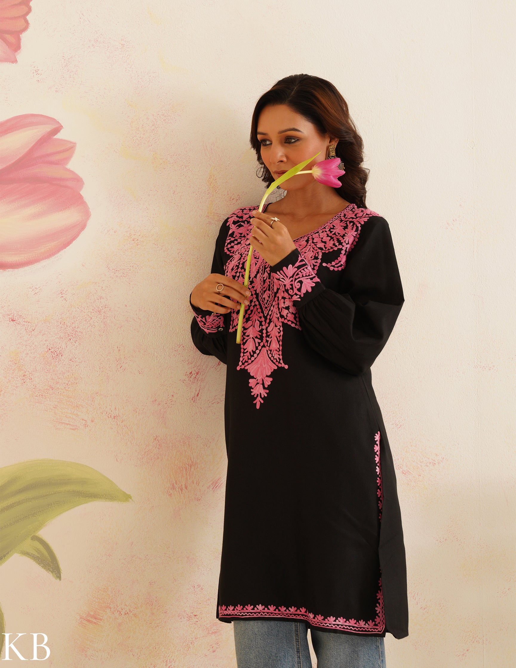 Black Cotton Kurti with Pink Aari Embroidery | Bahaar Collection 2025 - Kashmir Box