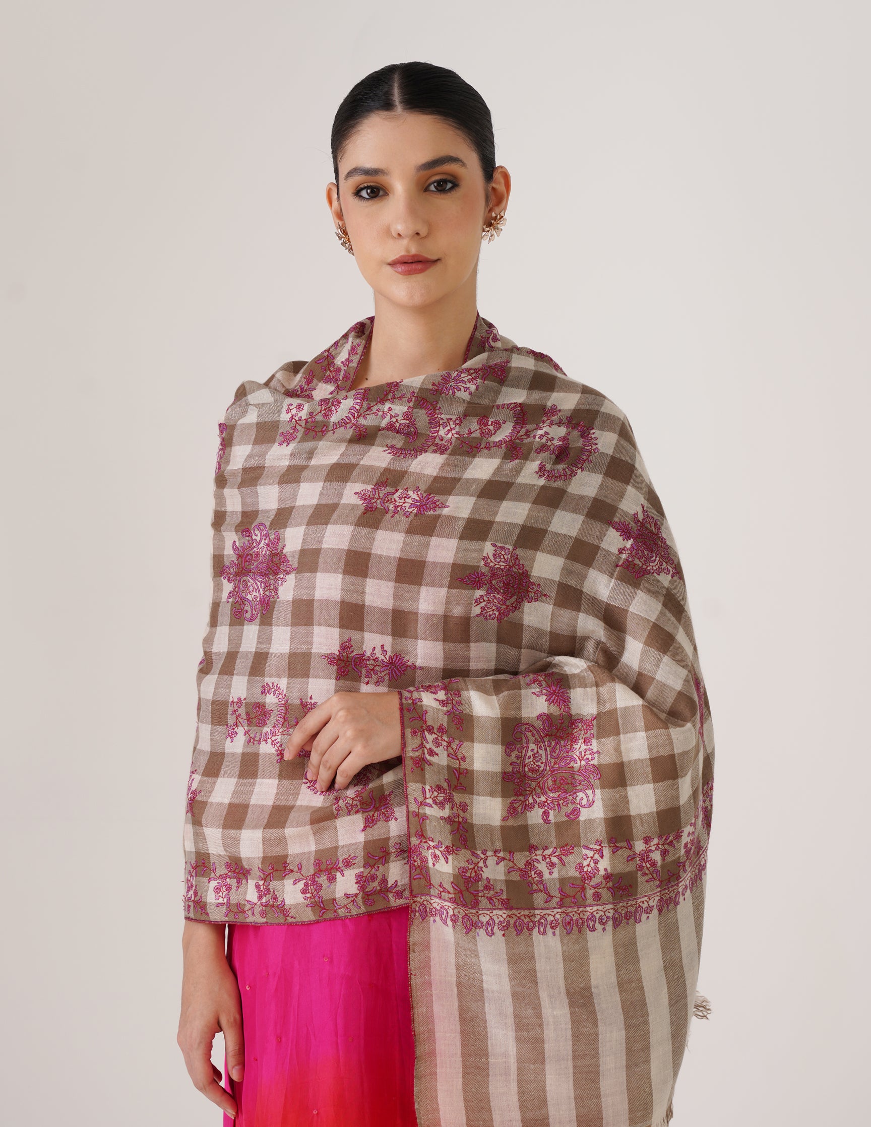 Kashmiri Handwoven Pashmina Sozni Stole Modern Check – Natural & White | Handwoven Heritage - Kashmir Box