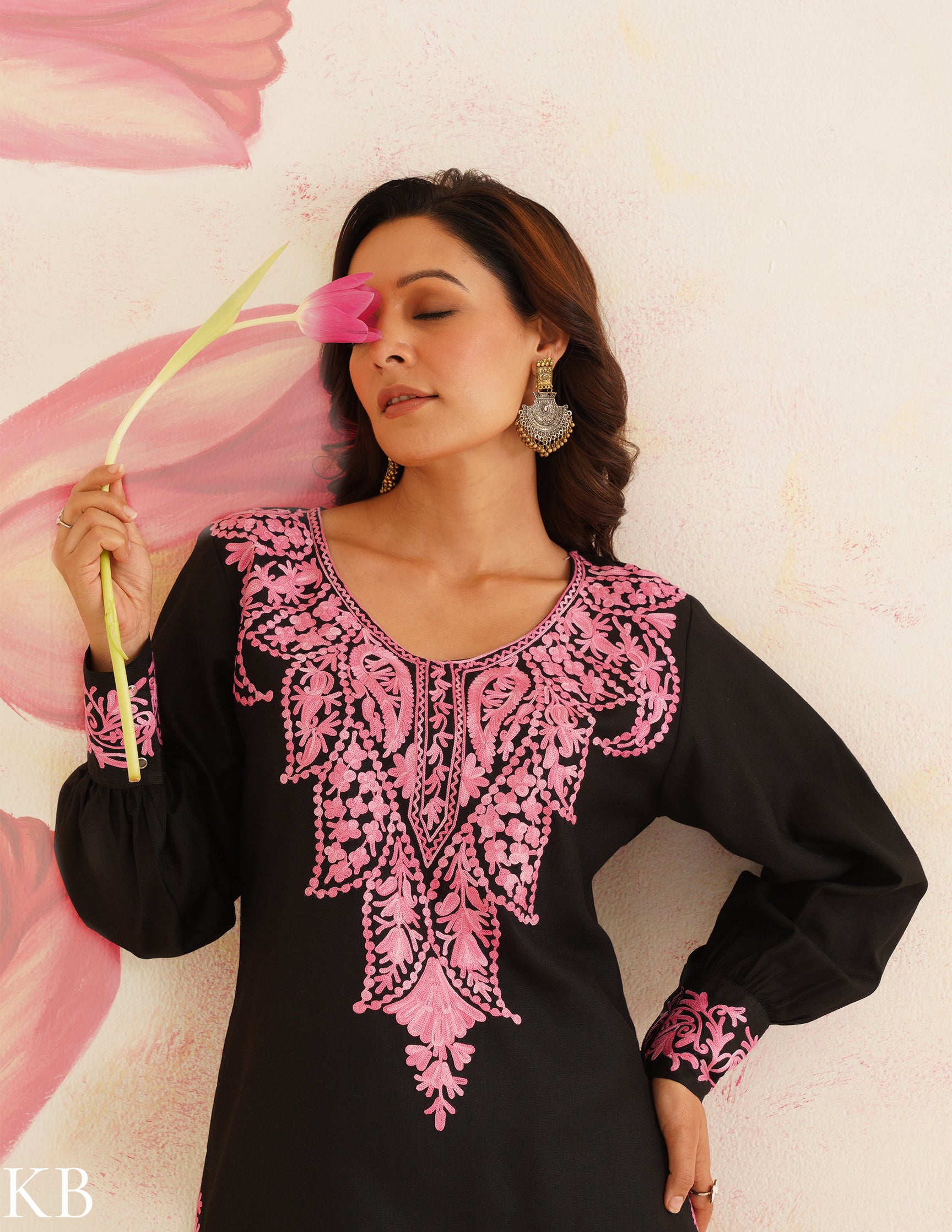 Black Cotton Kurti with Pink Aari Embroidery | Bahaar Collection 2025 - Kashmir Box