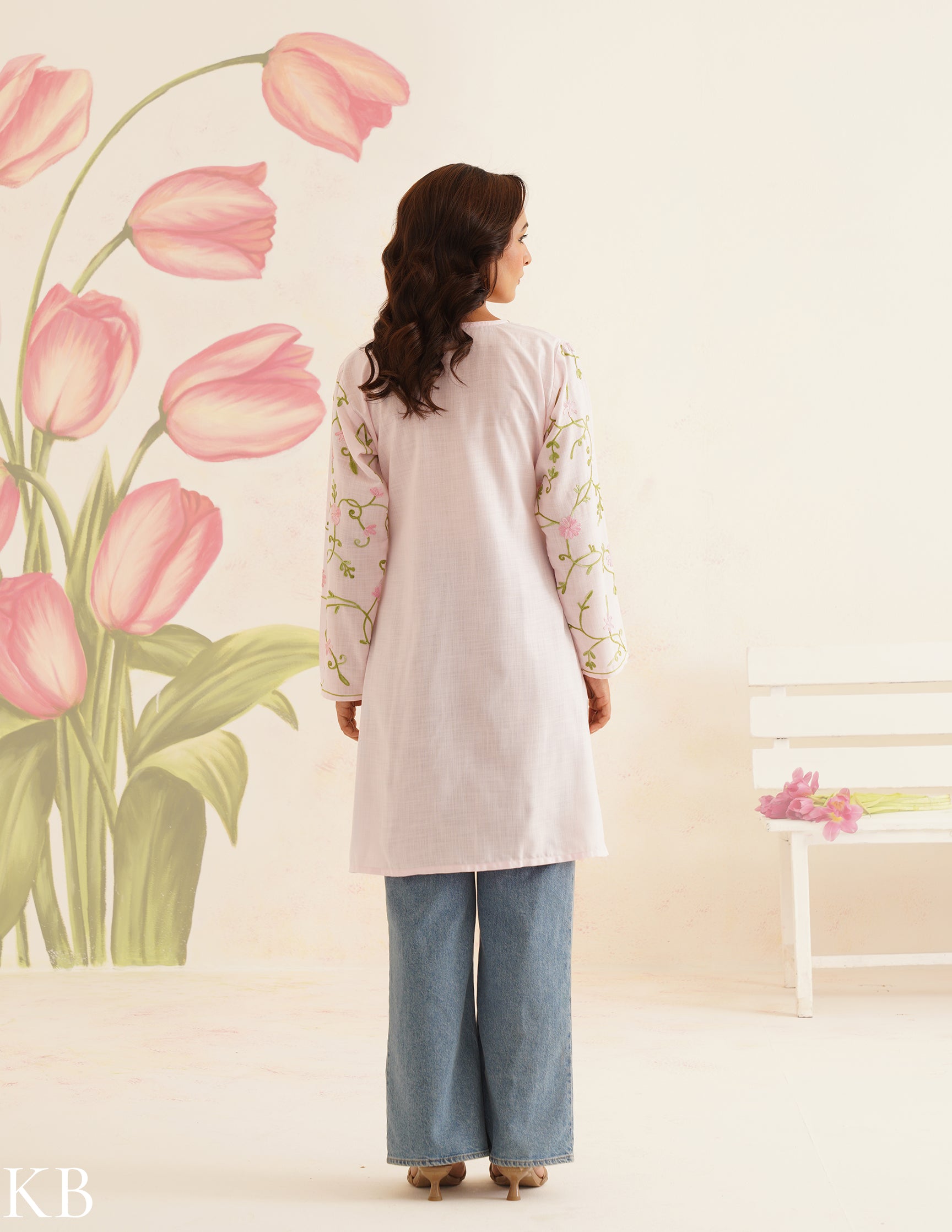 Baby Pink Cotton Kurti with Floral Embroidery | Bahaar Collection 2025 - Kashmir Box