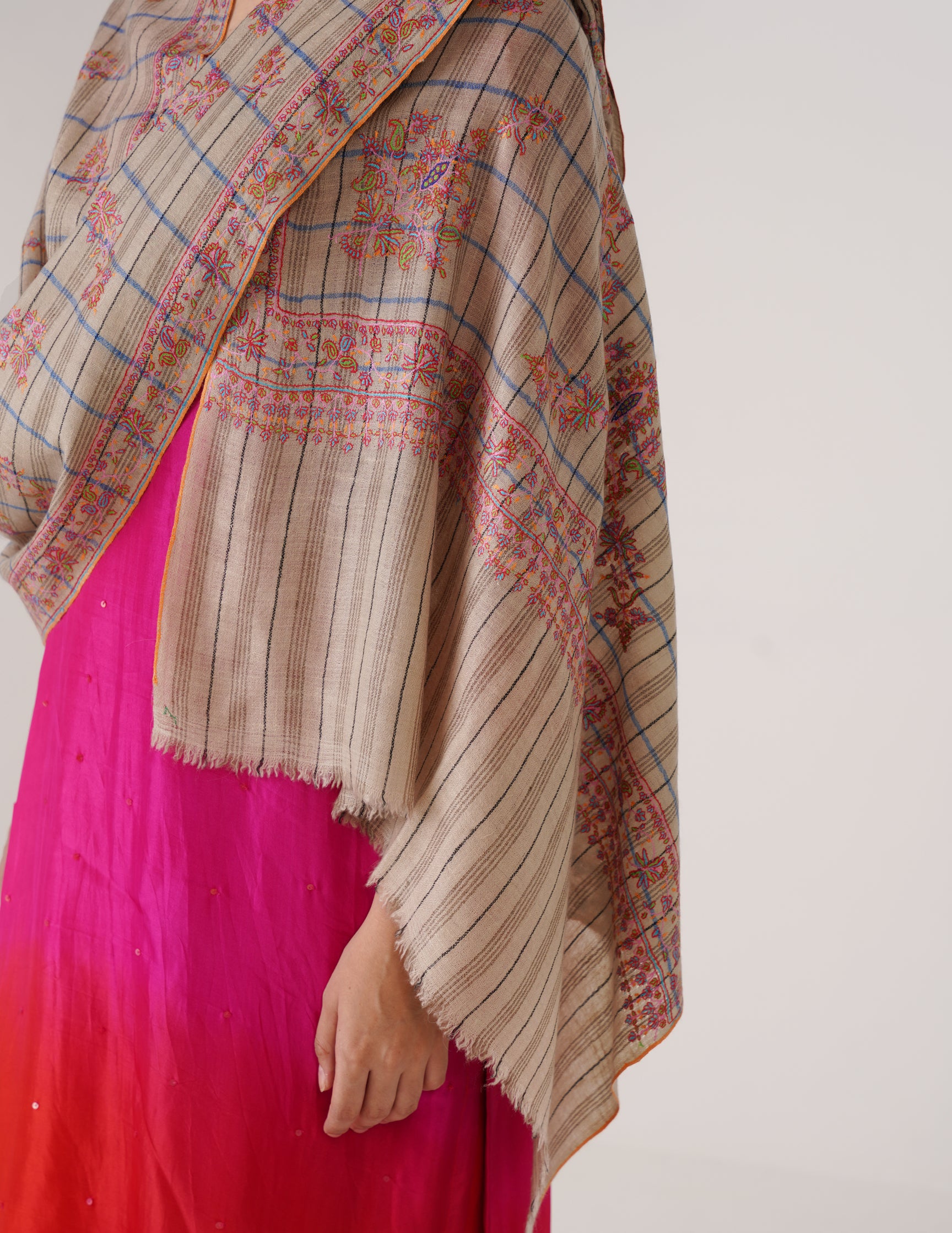 Kashmiri Handwoven Pashmina Sozni Stole Modern Check – Natural, Black & Blue | Handwoven Heritage - Kashmir Box