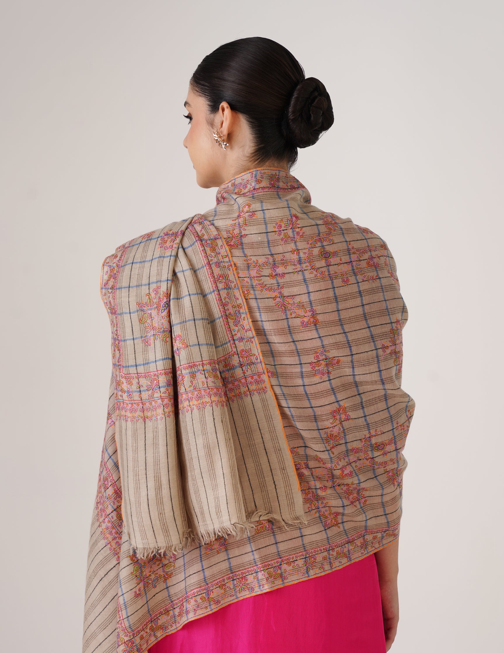 Kashmiri Handwoven Pashmina Sozni Stole Modern Check – Natural, Black & Blue | Handwoven Heritage - Kashmir Box