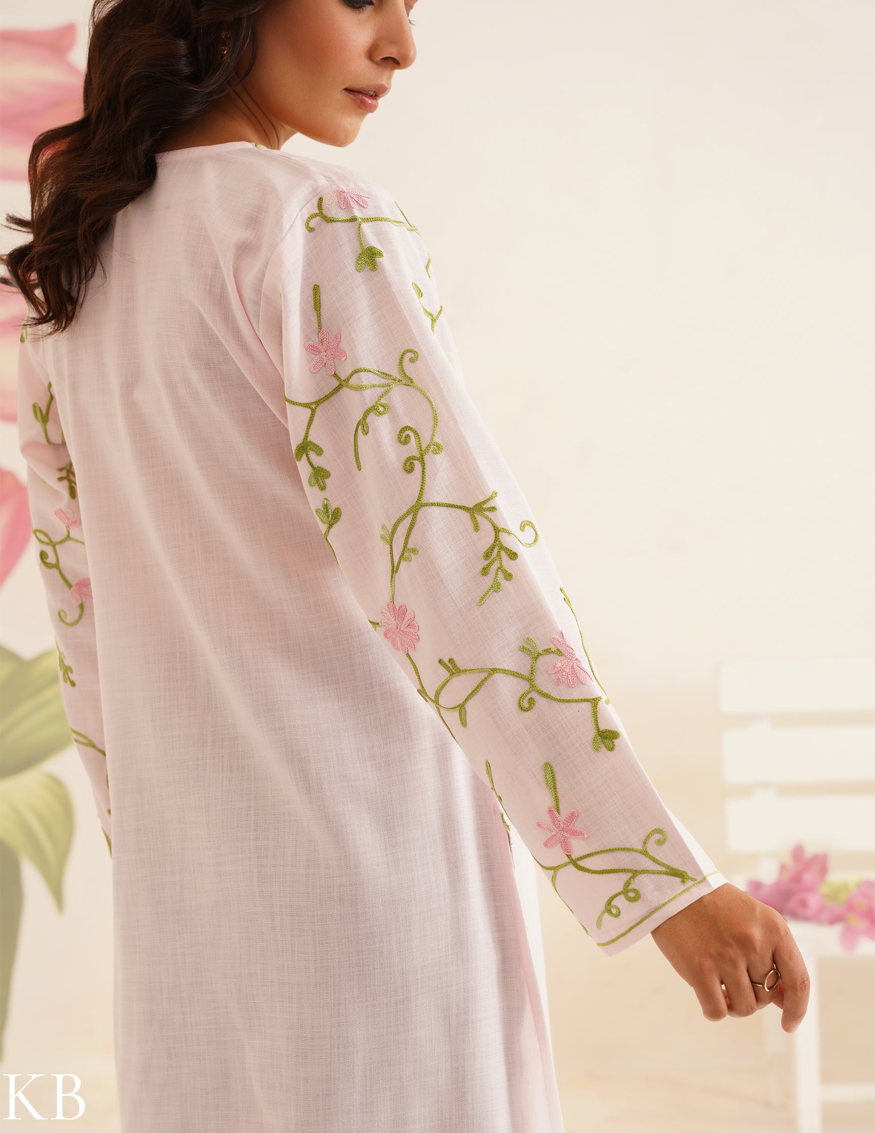 Baby Pink Cotton Kurti with Floral Embroidery | Bahaar Collection 2025 - Kashmir Box