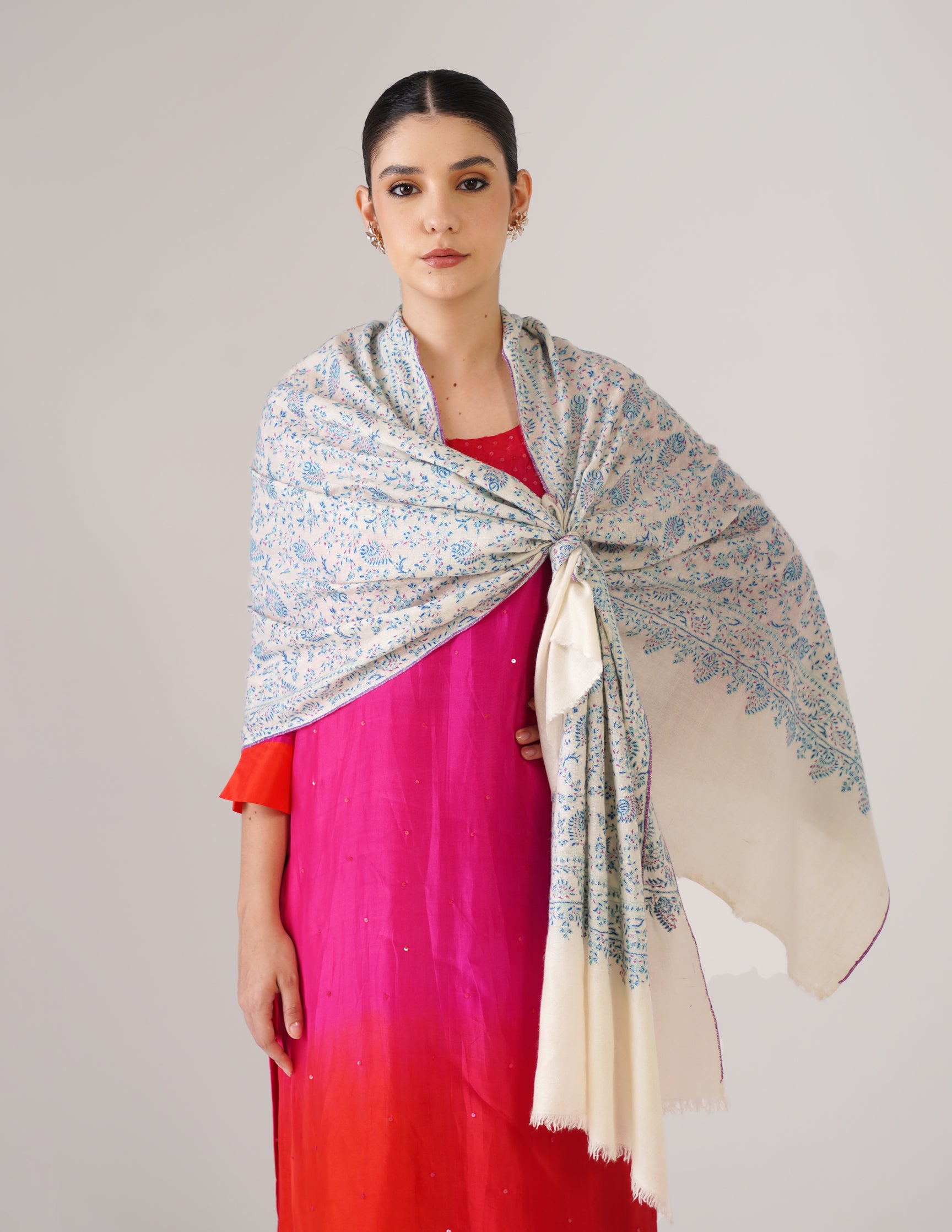 Kashmiri Handwoven Pashmina Sozni Stole Heavy Jaalidar – White | Handwoven Heritage - Kashmir Box