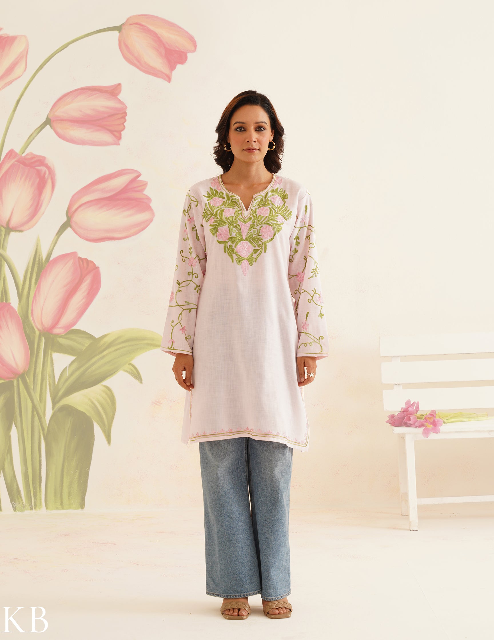 Baby Pink Cotton Kurti with Floral Embroidery | Bahaar Collection 2025 - Kashmir Box