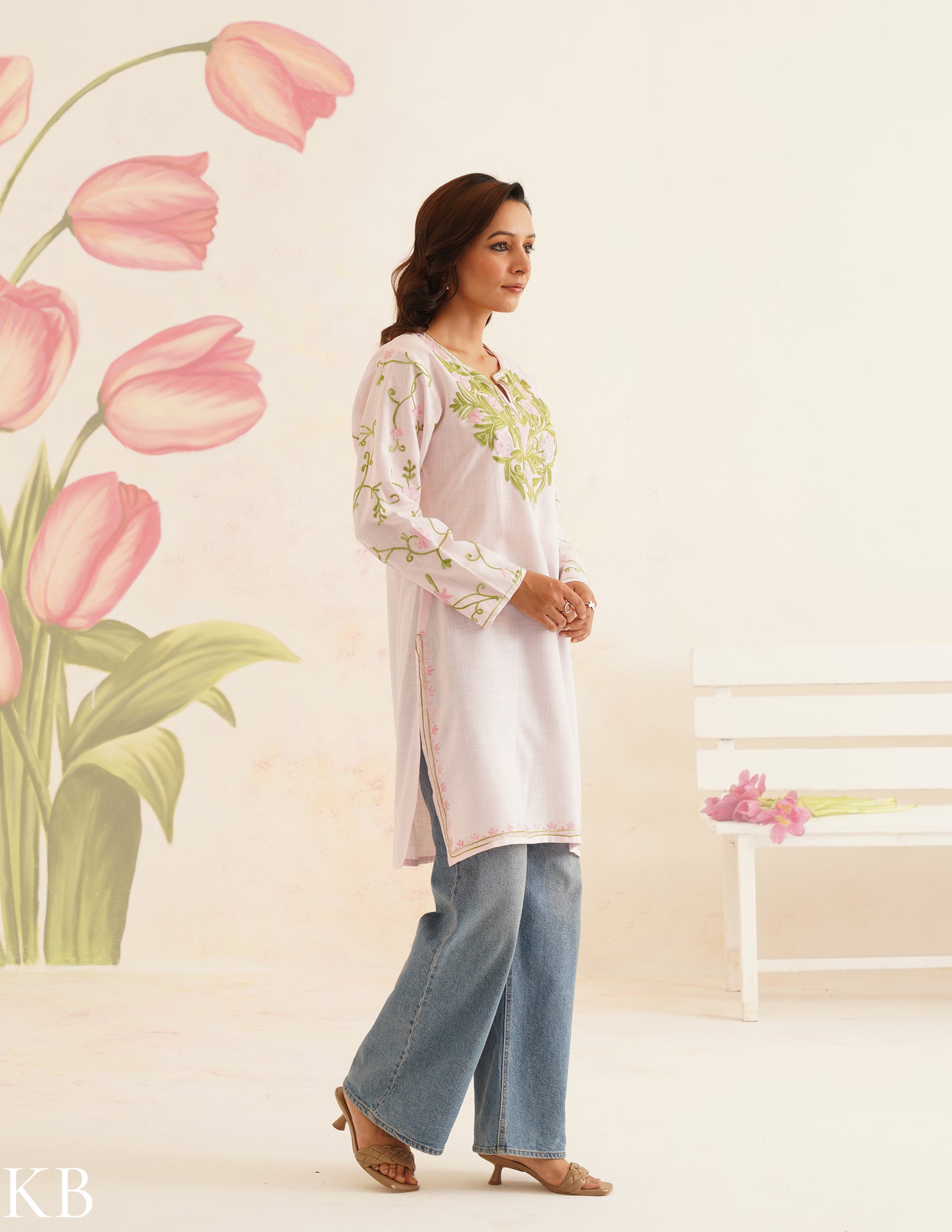 Baby Pink Cotton Kurti with Floral Embroidery | Bahaar Collection 2025 - Kashmir Box