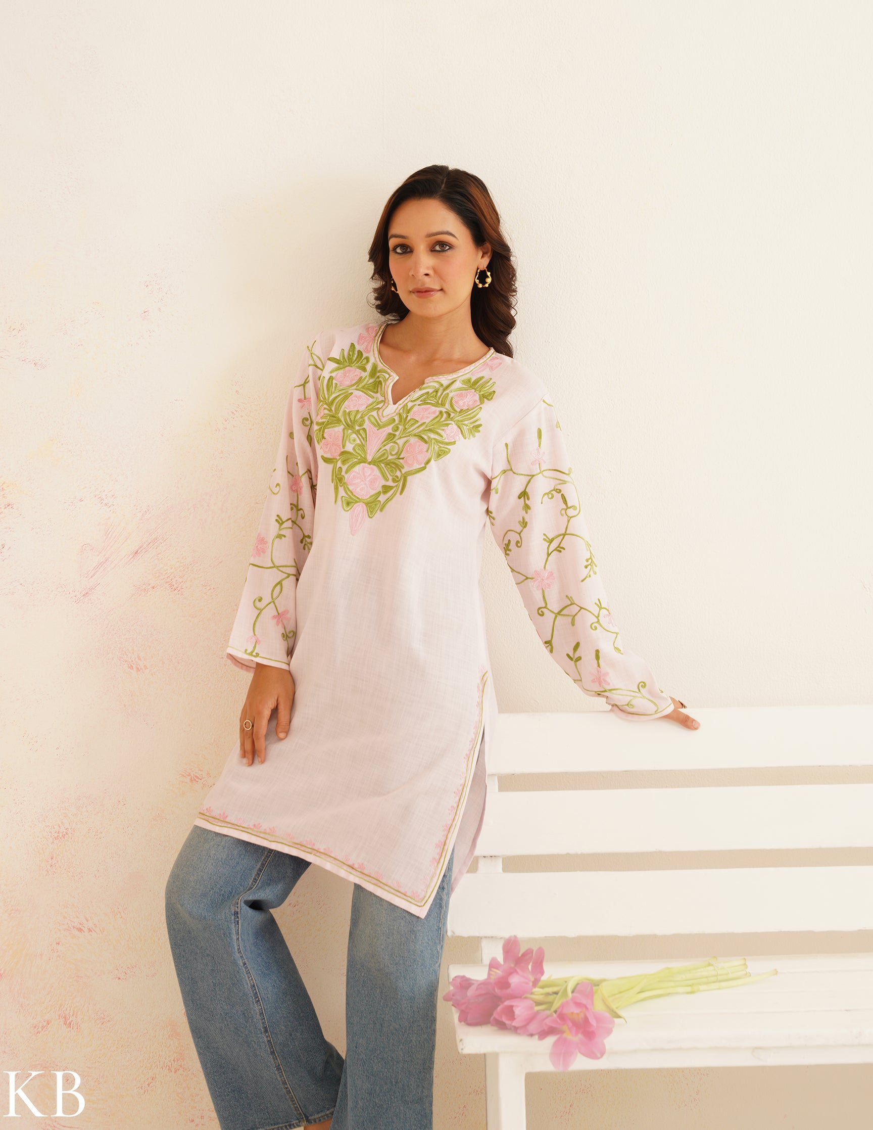 Baby Pink Cotton Kurti with Floral Embroidery | Bahaar Collection 2025 - Kashmir Box