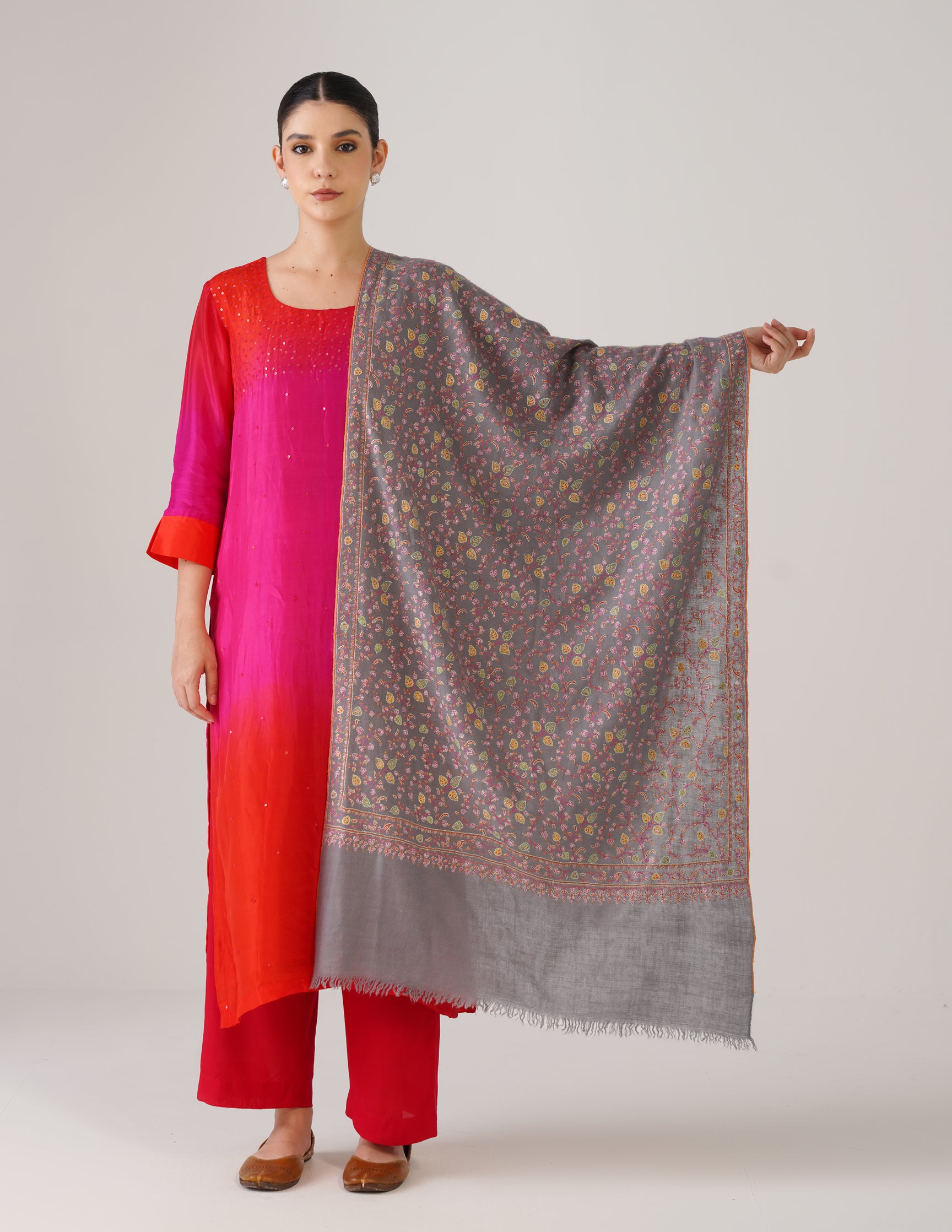 Kashmiri Handwoven Pashmina Sozni Stole Heavy Jaalidar – Grey | Handwoven Heritage - Kashmir Box