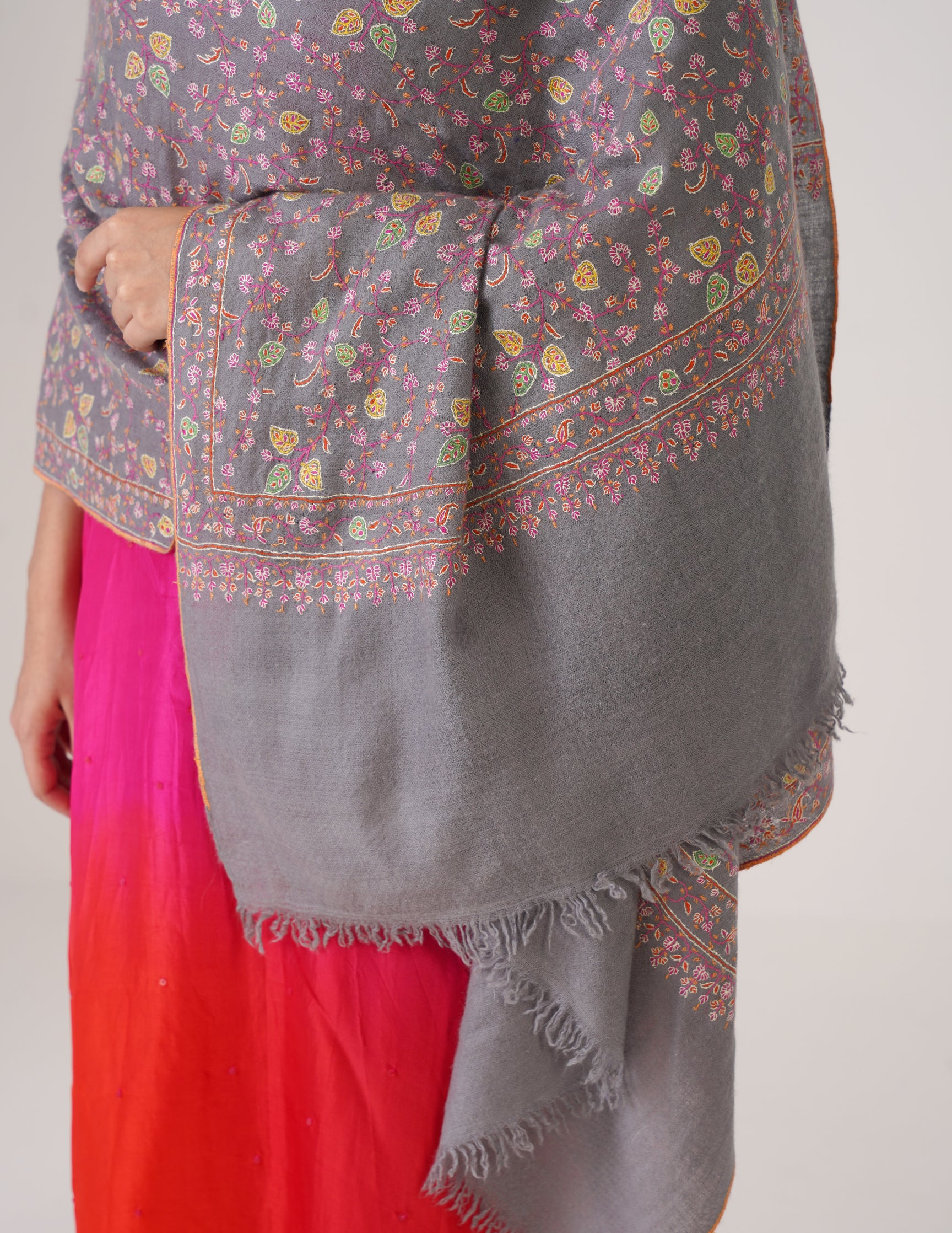 Kashmiri Handwoven Pashmina Sozni Stole Heavy Jaalidar – Grey | Handwoven Heritage - Kashmir Box