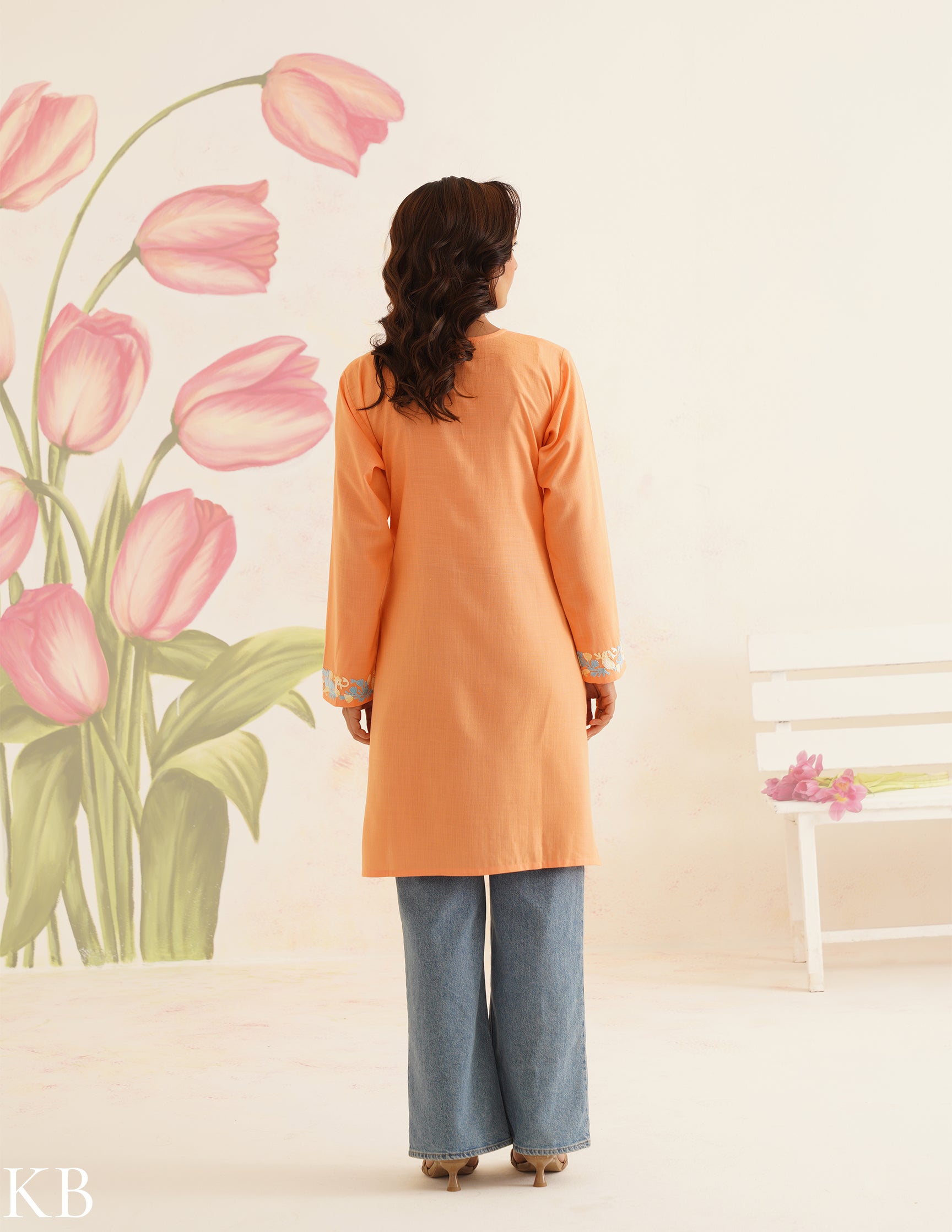 Peach Cotton Kurti with Blue Floral Embroidery | Bahaar Collection 2025 - Kashmir Box