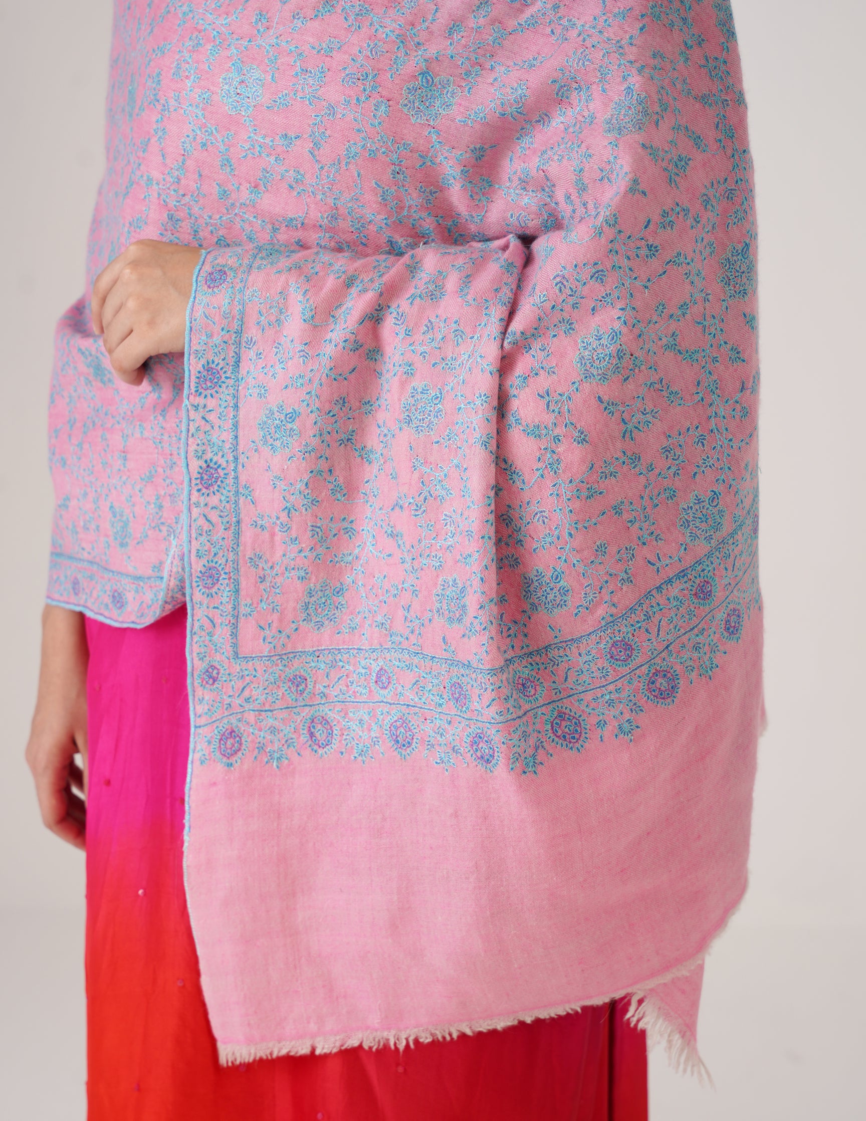 Kashmiri Handwoven Pashmina Sozni Stole Heavy Jaalidar – Pink | Handwoven Heritage - Kashmir Box